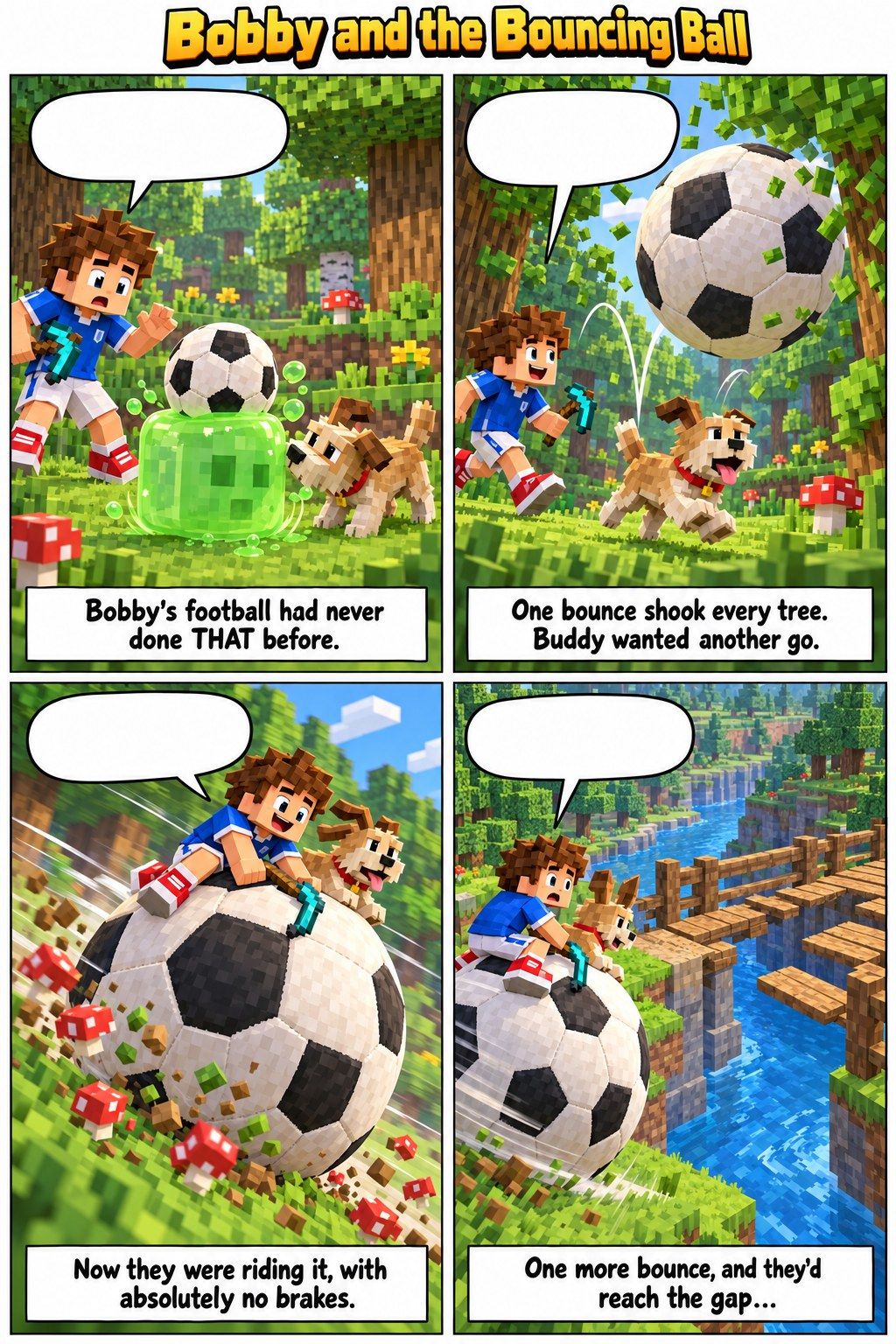 Four-panel comic, Bobby and the Bouncing Ball: a blocky boy and his dog chase a giant football through a forest, each panel with an empty speech bubble and a caption
