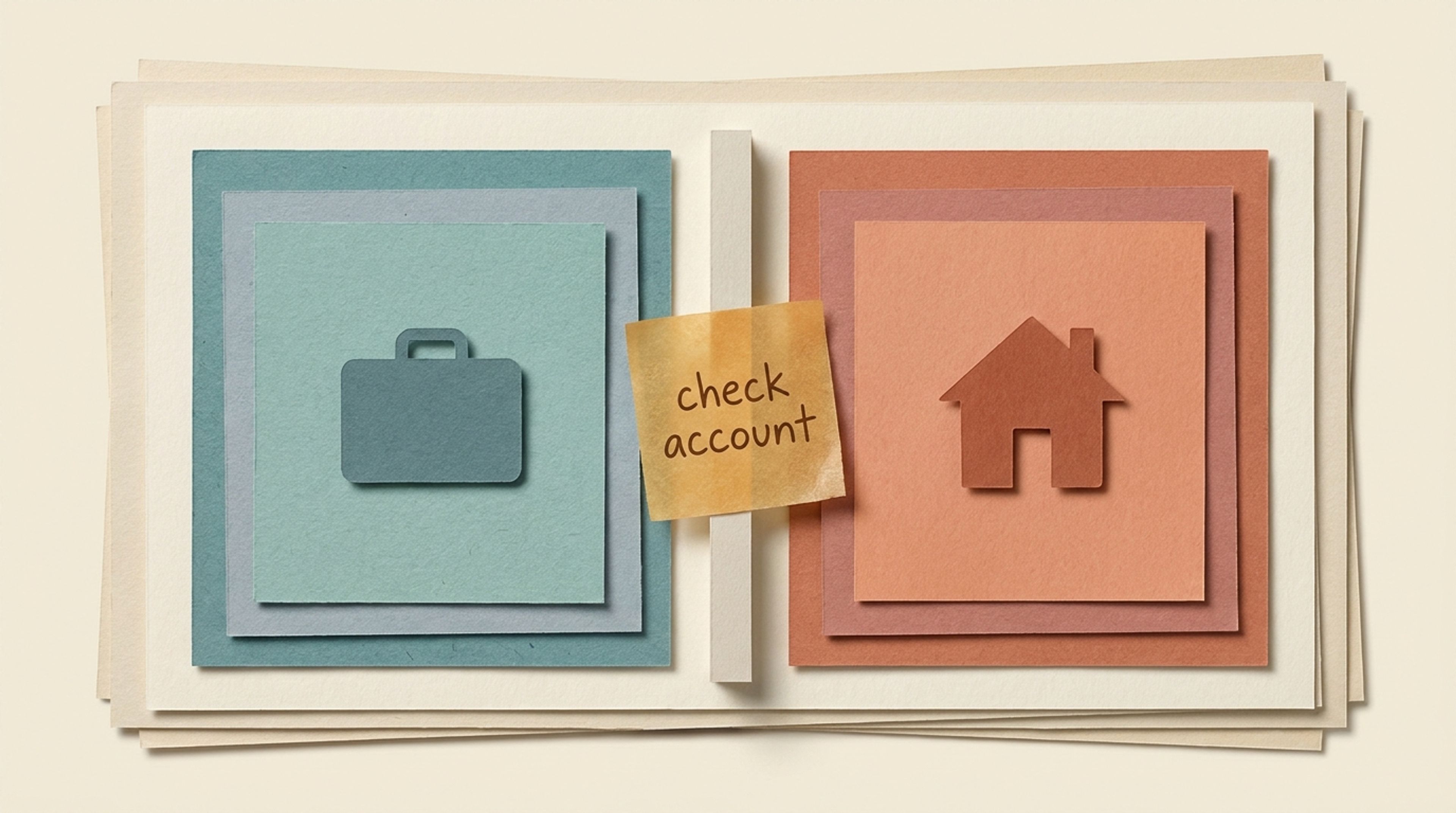 Paper-cut panels for work and personal inside one app frame, divided by a wall with an amber sticky note that says check account.