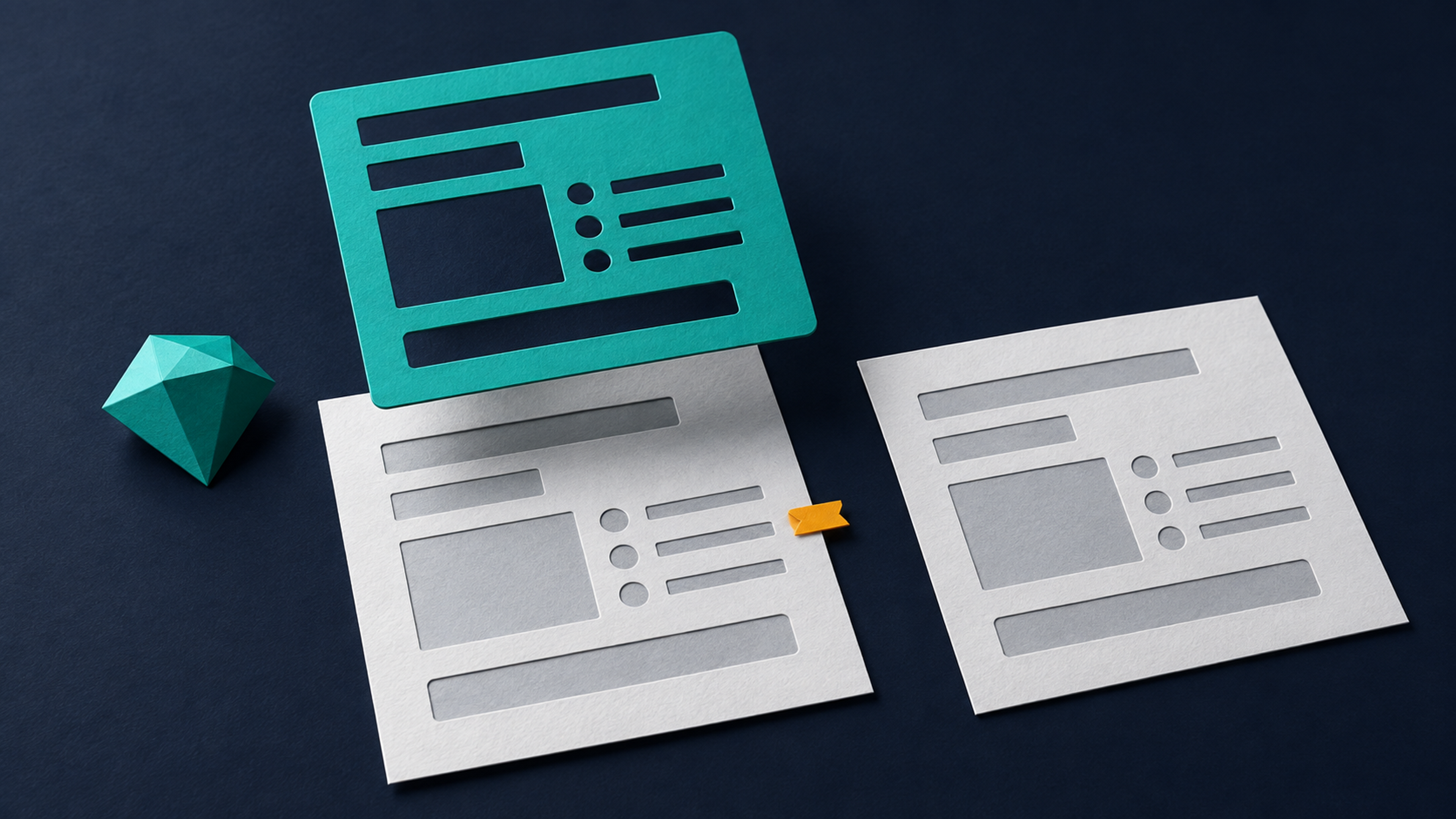 Paper-cut illustration of a teal stencil above matching review sheets, with a small faceted gem beside them.