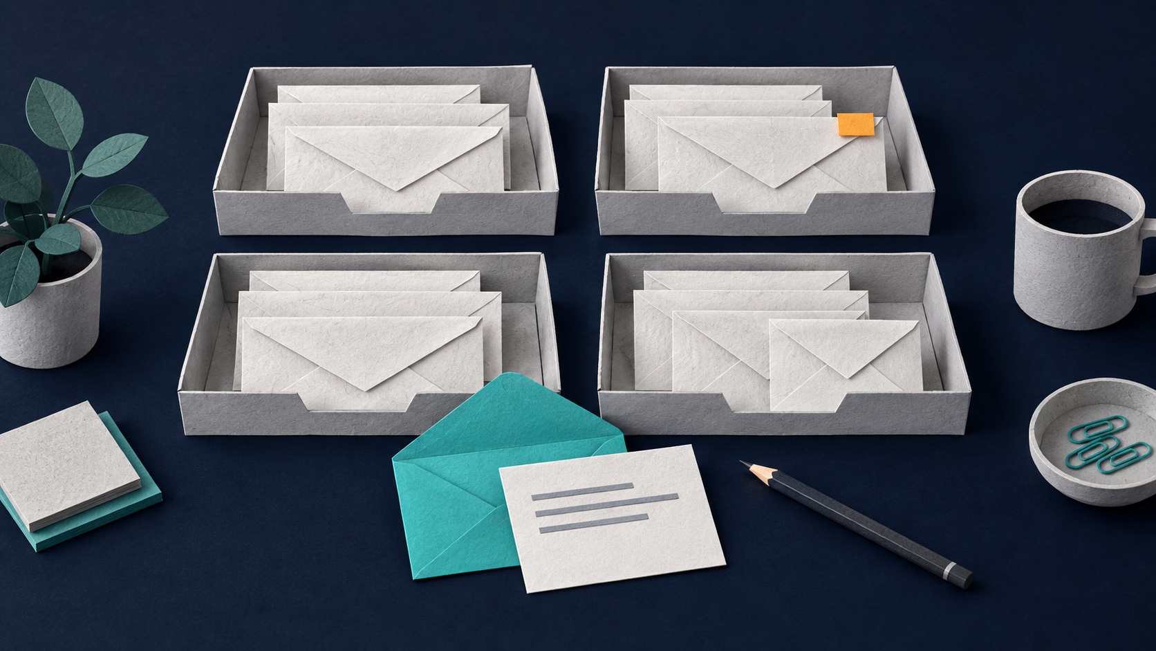 Four paper trays of envelopes, with a teal envelope and reply card pulled forward for checking.