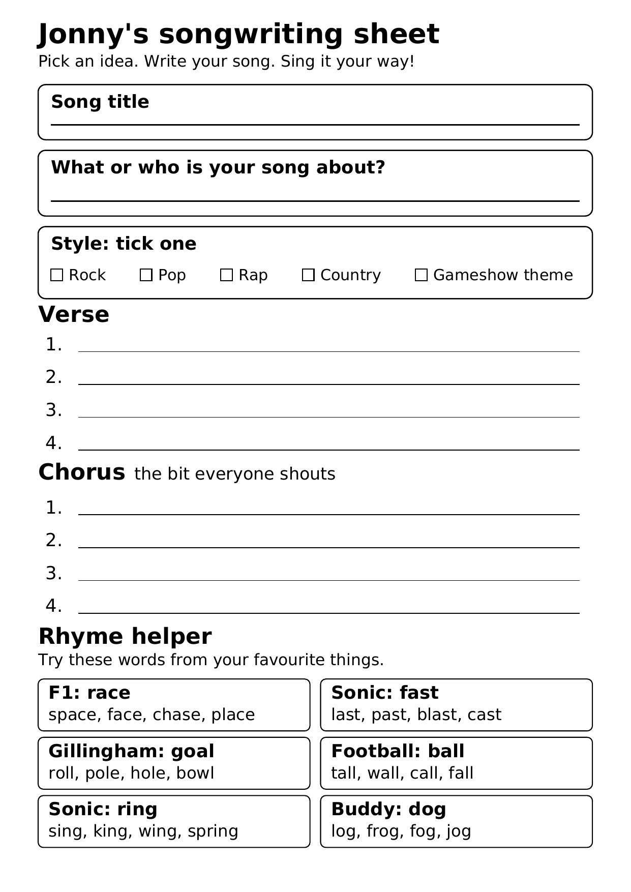 Jonny's songwriting sheet with boxes for song title, topic and style, four verse lines, four chorus lines and a rhyme helper built from his interests