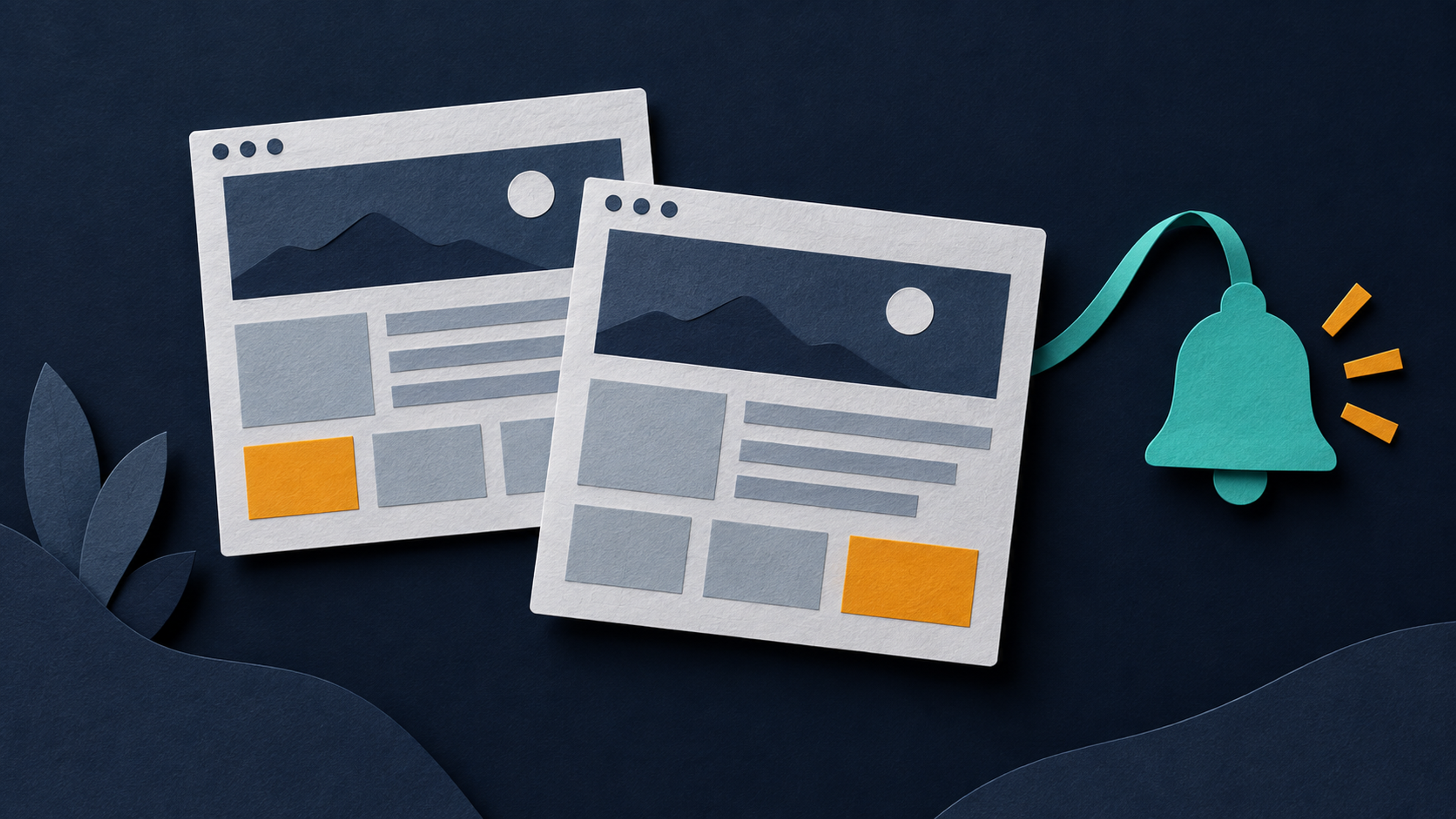 Paper-cut illustration of two webpage cards with a changed amber tile and a teal notification bell.