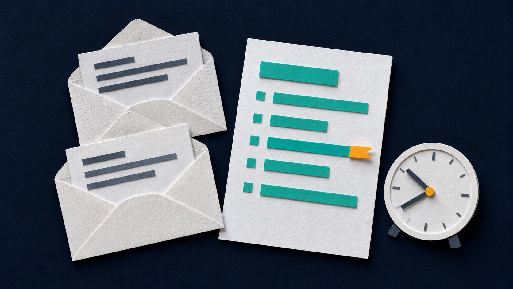Paper-cut envelopes beside a morning brief and a small clock, with an amber tab marking an item to check.