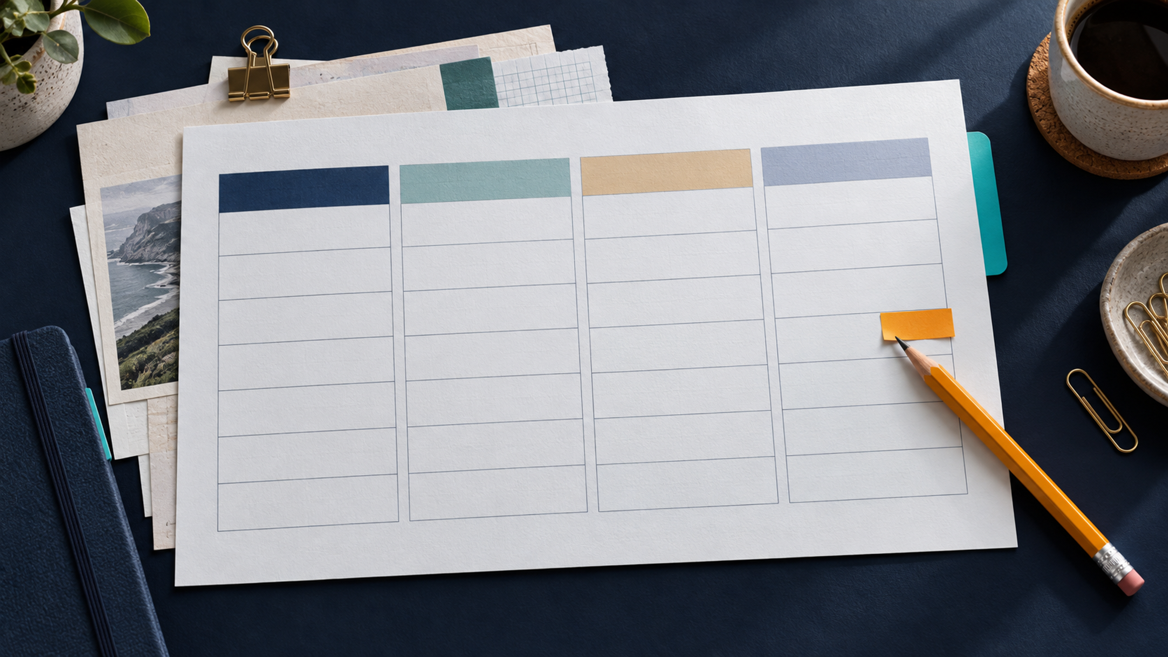 Four-column paper catch-up sheet with reference pages, a pencil and an amber tab marking a blank cell.