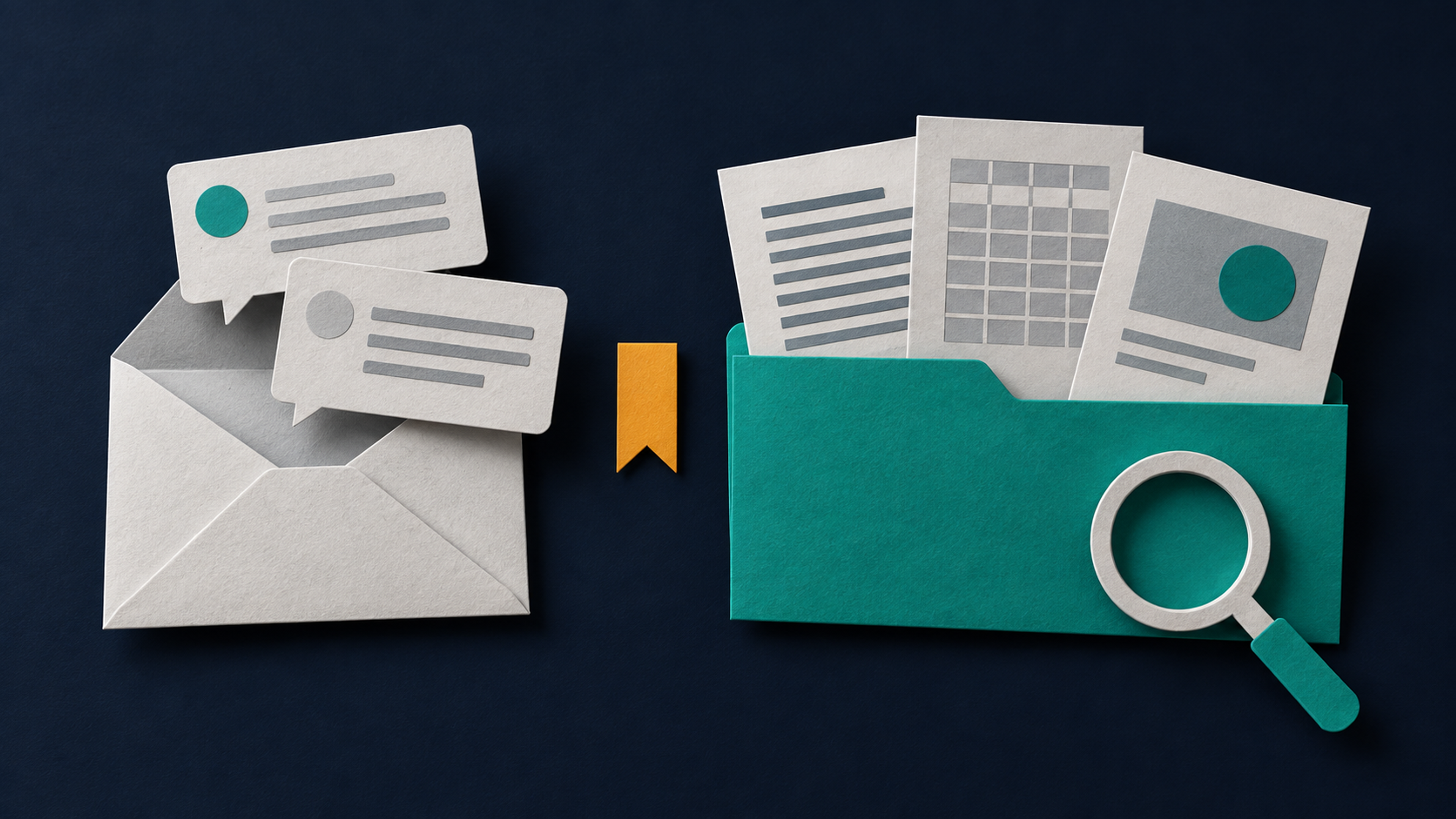 Paper-cut illustration of email and chat cards beside a teal folder holding document, spreadsheet and slide layouts.