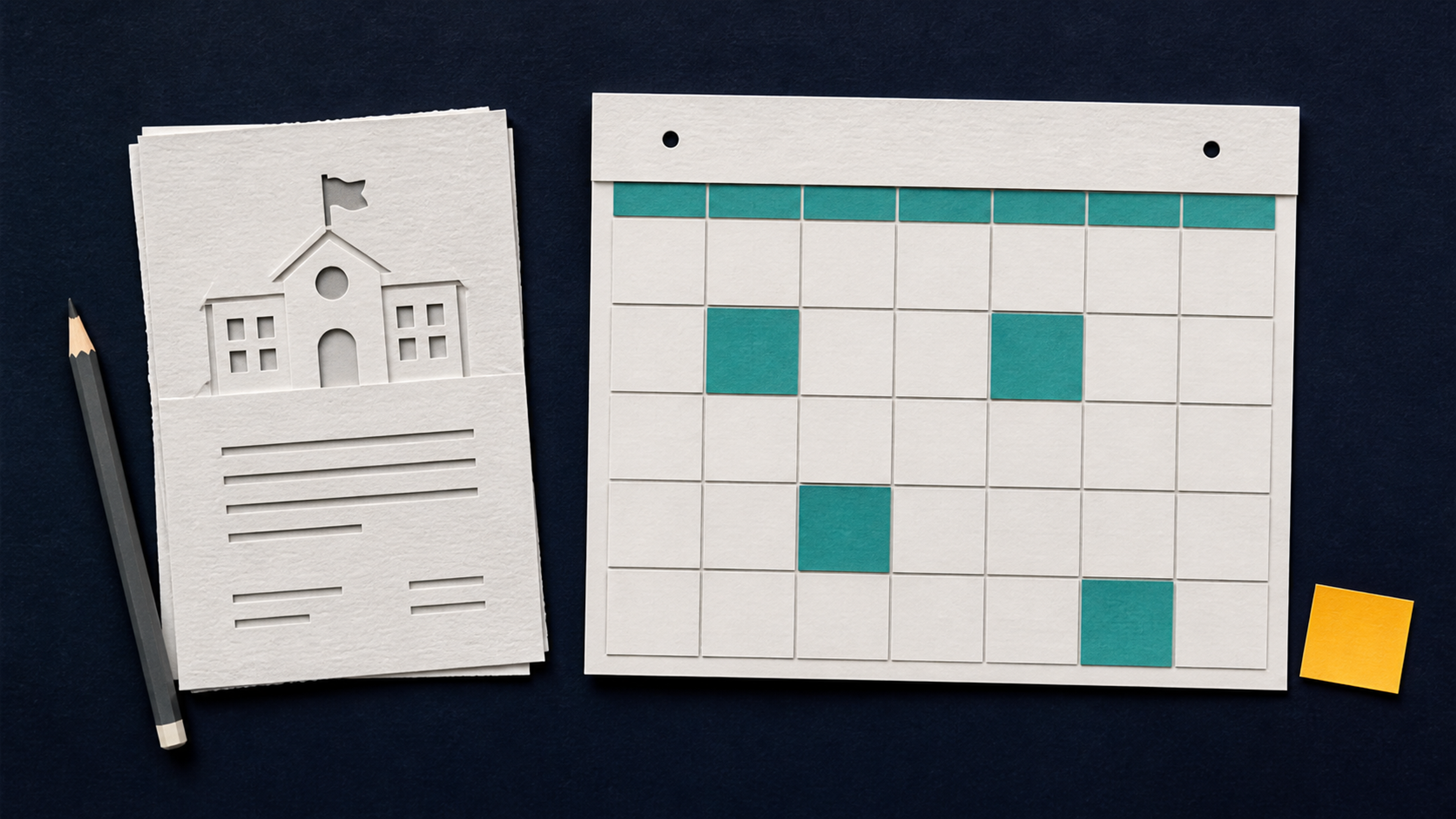Paper-cut school notice beside a calendar with teal date tiles and a loose amber tile awaiting clarification.