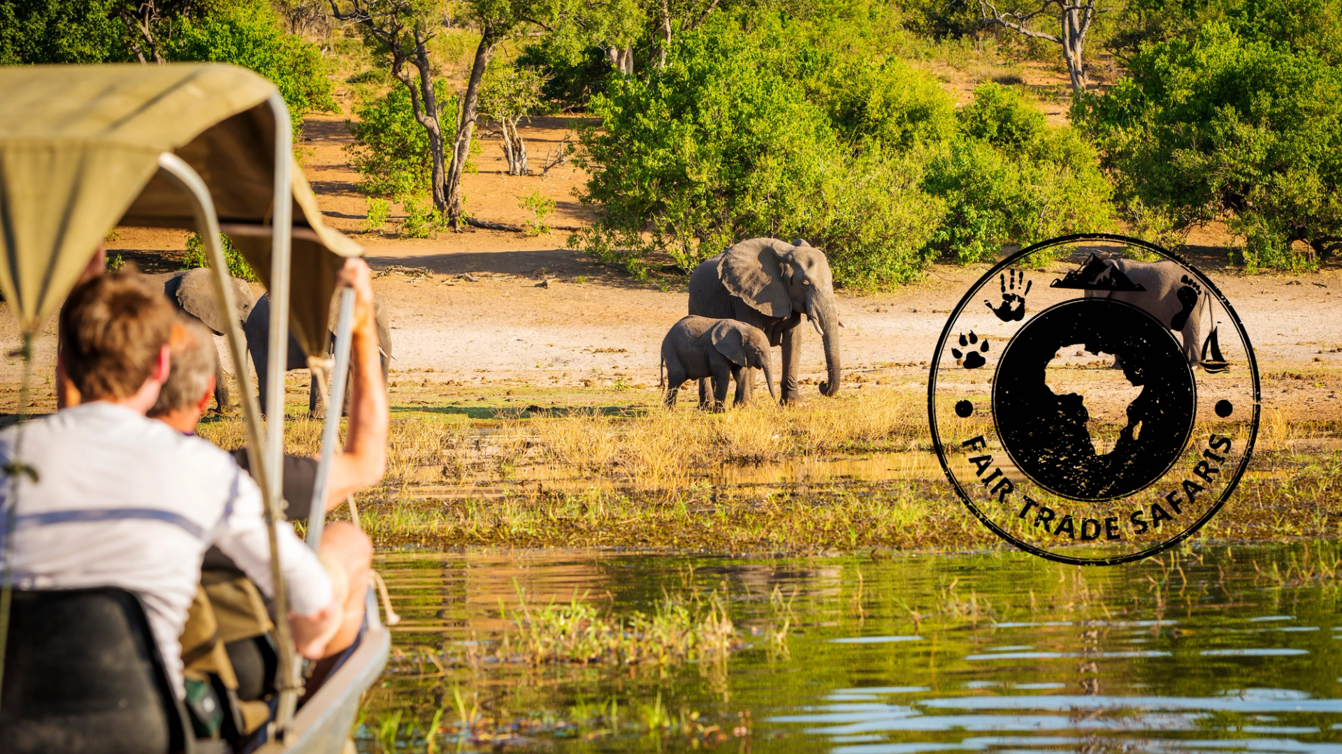 Safari guests watching elephants and a calf near a watering hole from an open vehicle, with the Fair Trade Safaris logo displayed on the right.