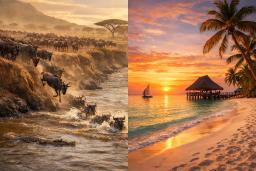 Split visual: Serengeti Migration river crossing + Zanzibar white-sand beach at sunset