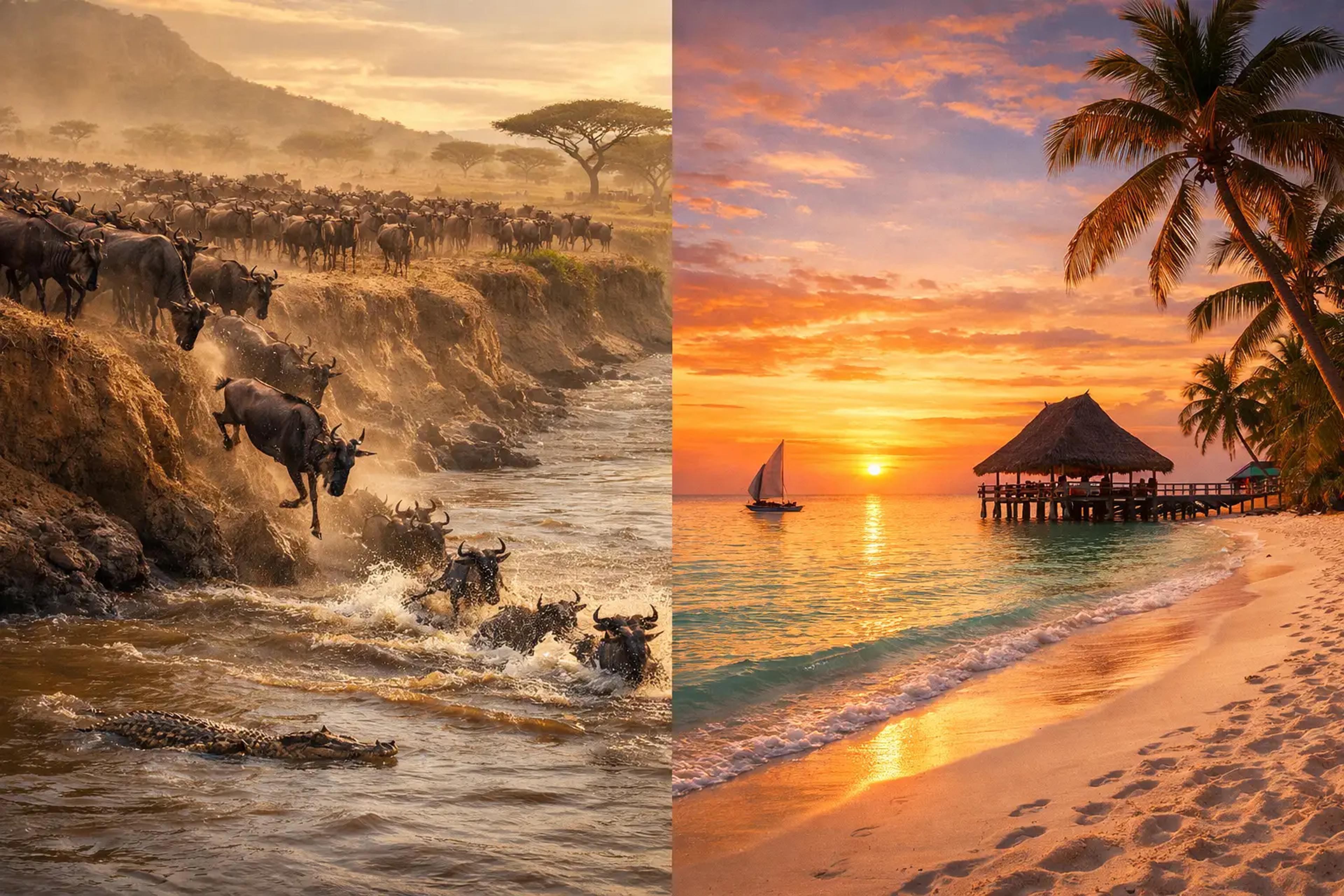 Split visual: Serengeti Migration river crossing + Zanzibar white-sand beach at sunset