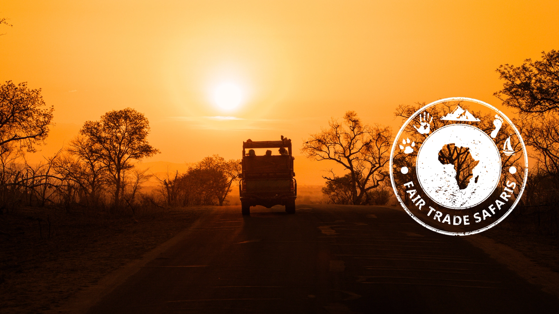 Safari vehicle silhouetted on a road at sunset with acacia trees and a glowing orange sky, featuring the Fair Trade Safaris logo on the right.
