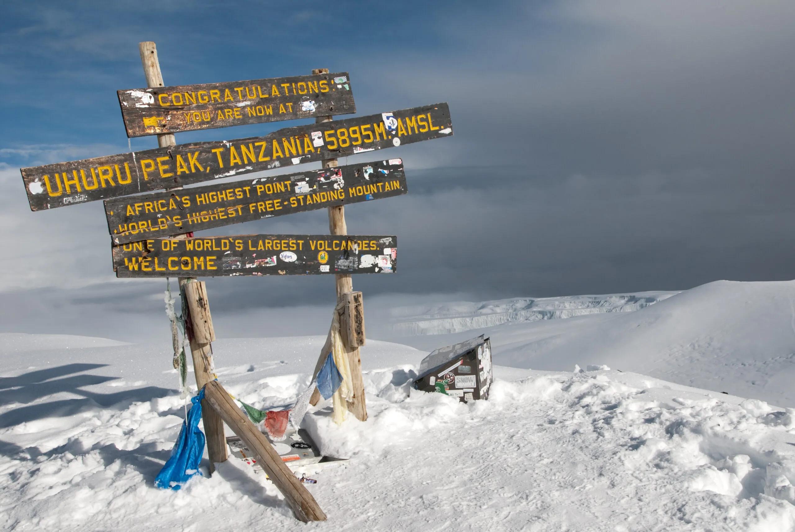 Uhuru Peak summit sign on snow-covered Mount Kilimanjaro, the highest point in Africa