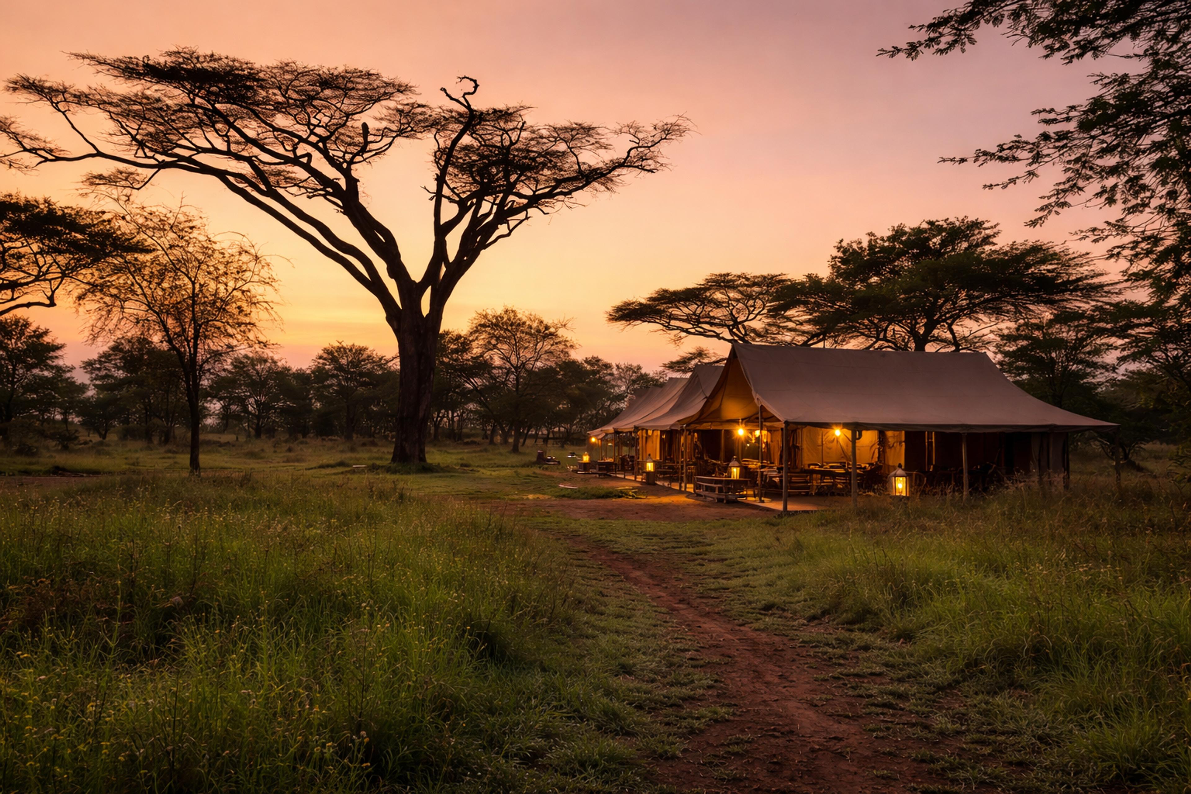 Luxury Safari camp at sunset in Africa