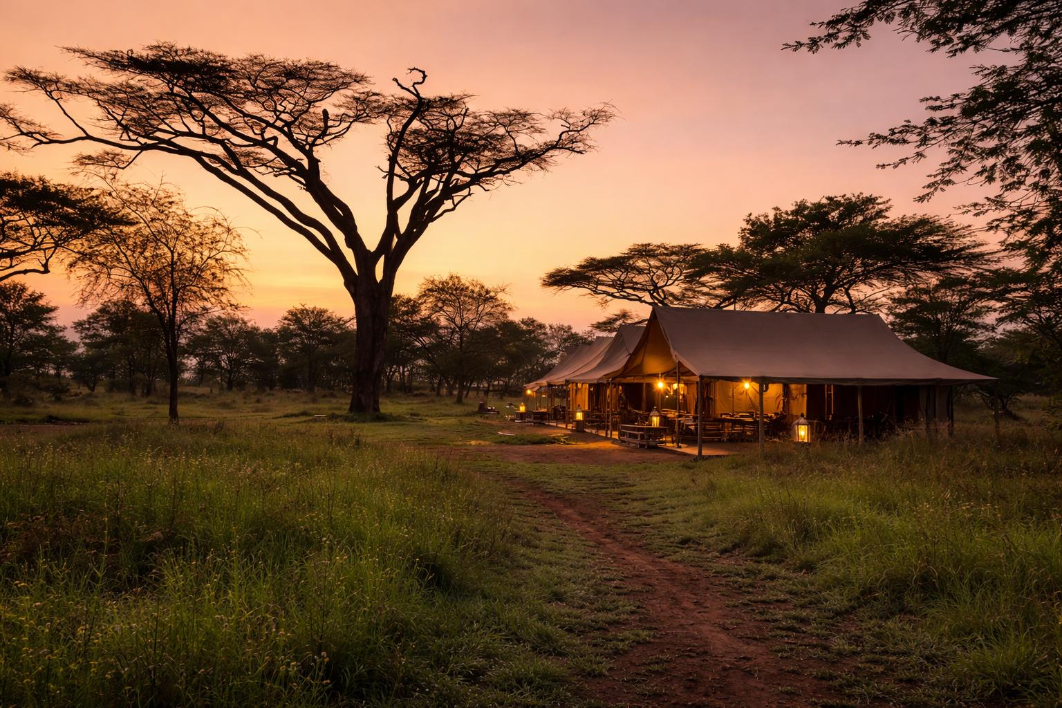 Luxury Safari camp at sunset in Africa