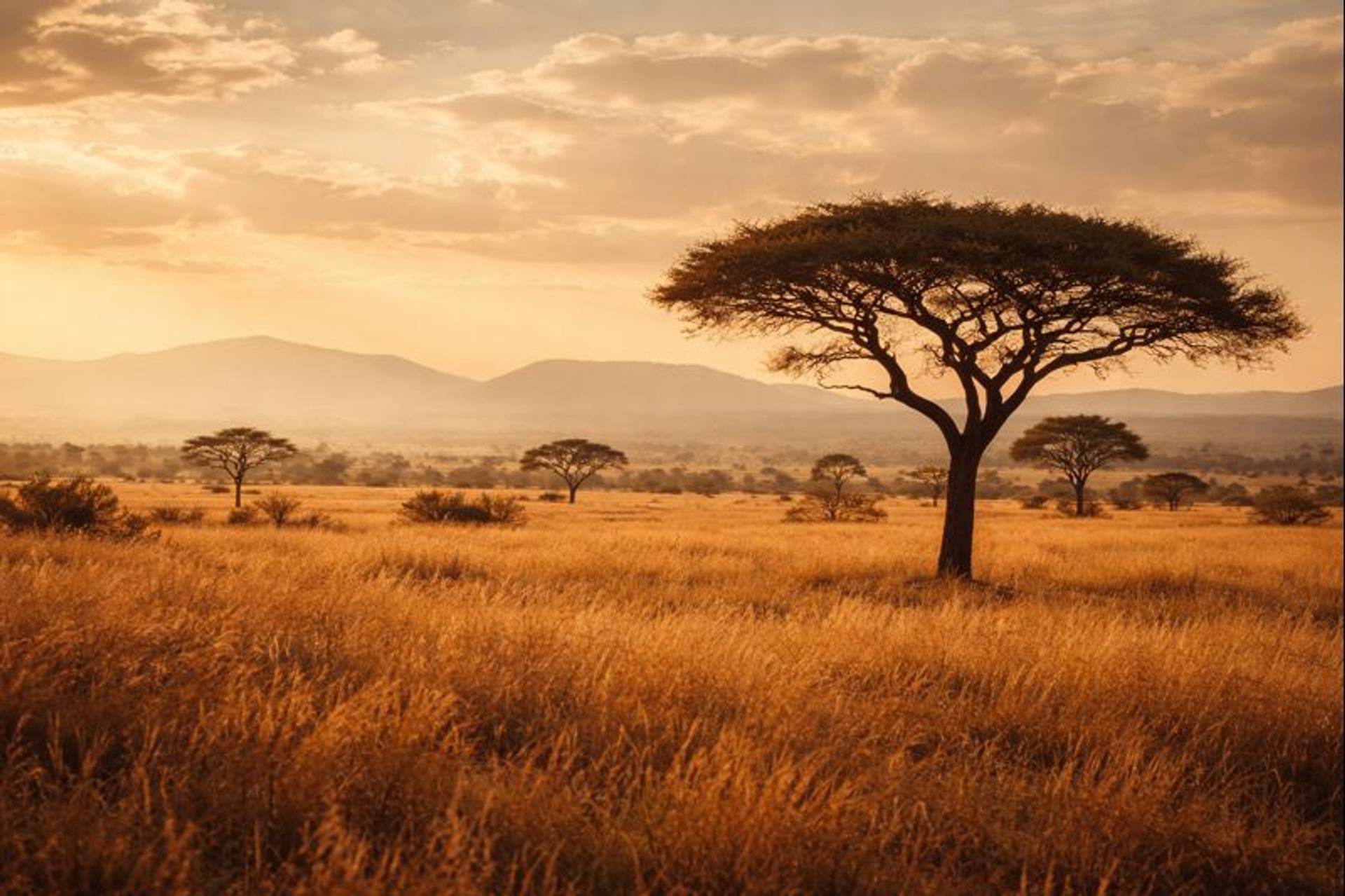 Golden hour in the African savanna with a lone acacia tree