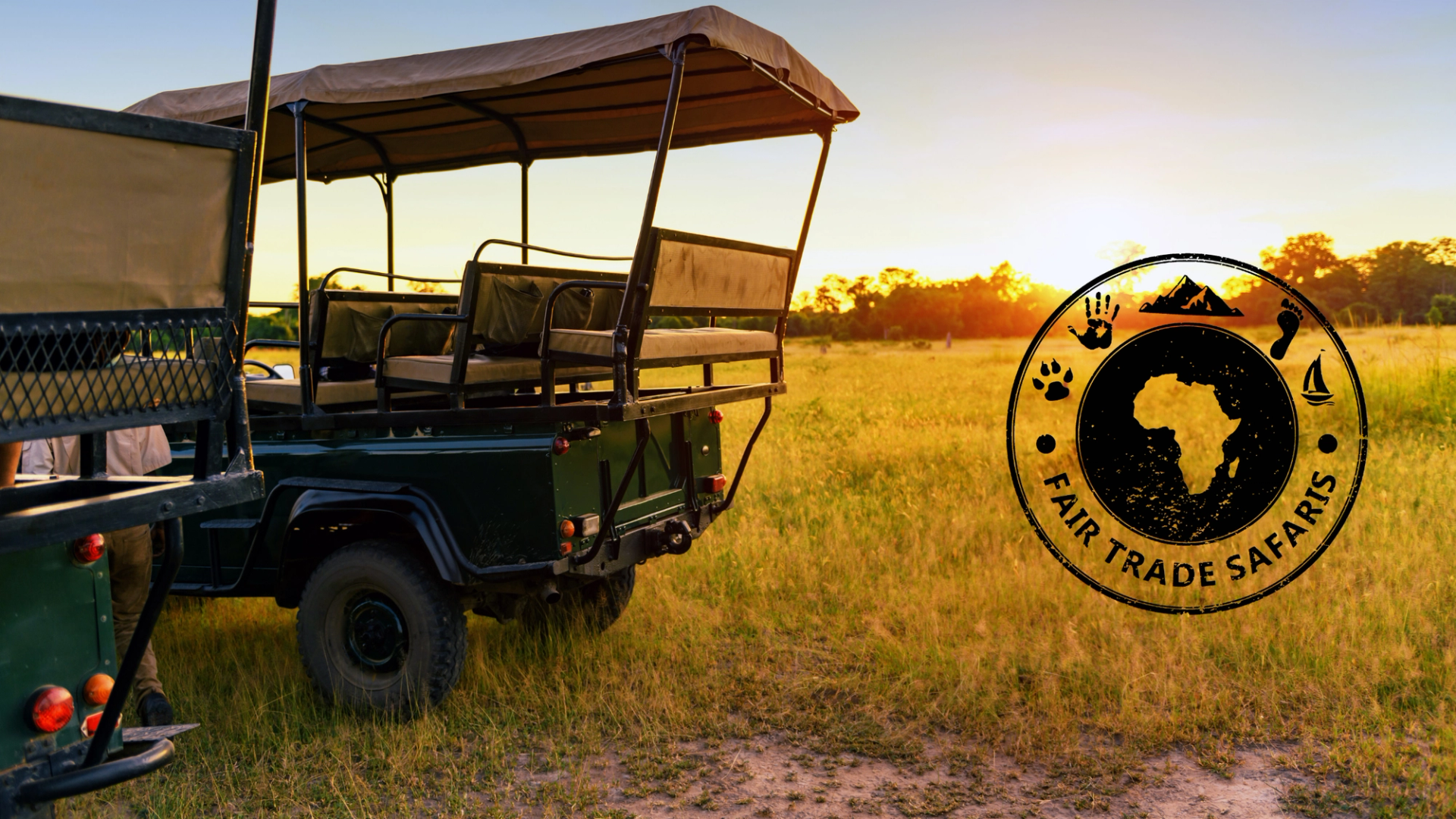Open safari vehicle parked in golden grass at sunset, with warm light across the savanna and the Fair Trade Safaris logo displayed on the right.