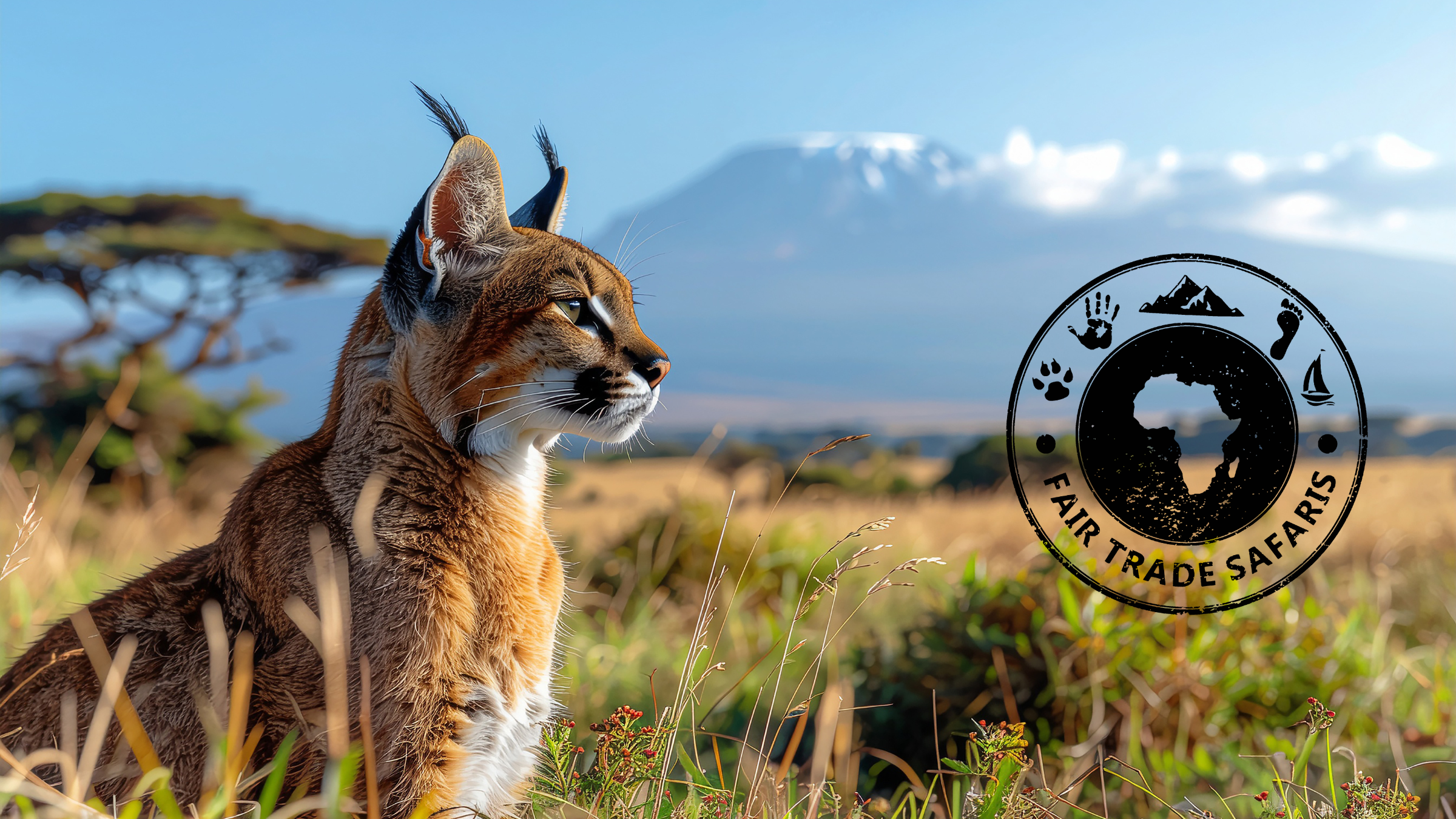 African wild cat resting in tall grass with a mountain landscape in the background, featuring the Fair Trade Safaris logo on the right.