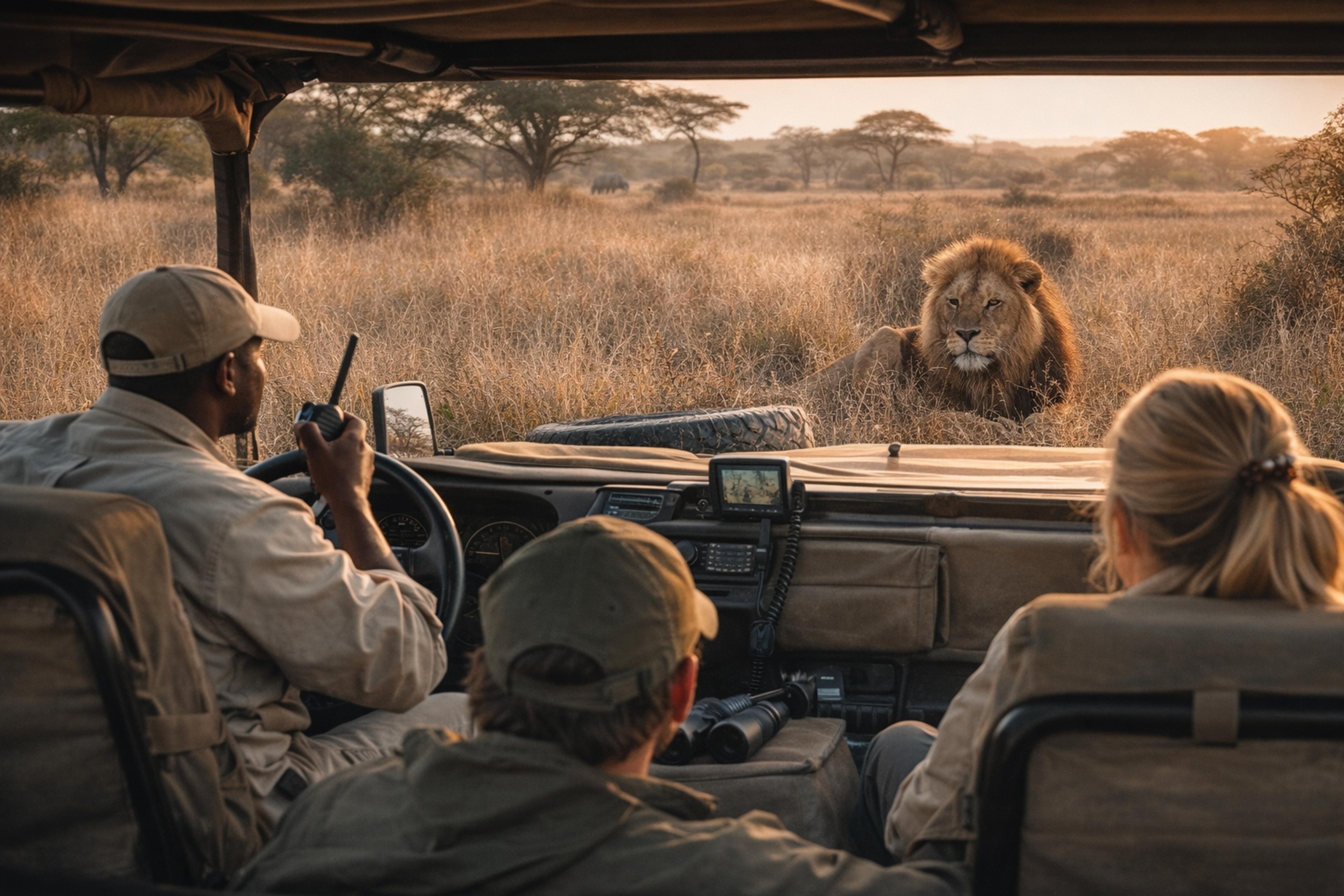 Safari at golden hour with lion