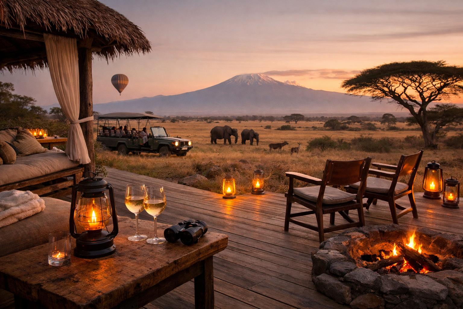 Private luxury safari camp at sunset overlooking the African savannah with elephants in the distance, a game drive vehicle nearby, lantern-lit deck, and Mount Kilimanjaro on the horizon.