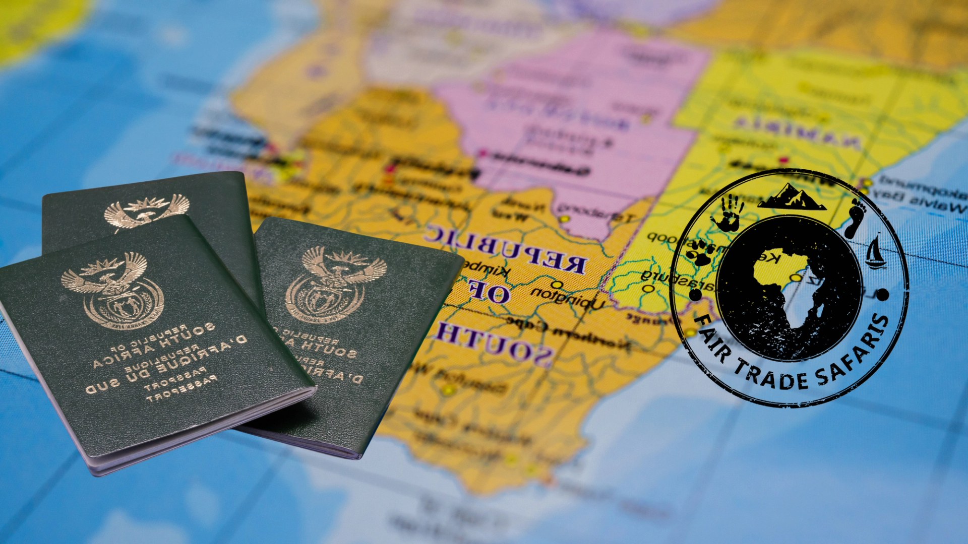 Two passports resting on a map of Africa, symbolizing travel and exploration, with the Fair Trade Safaris logo displayed on the right.