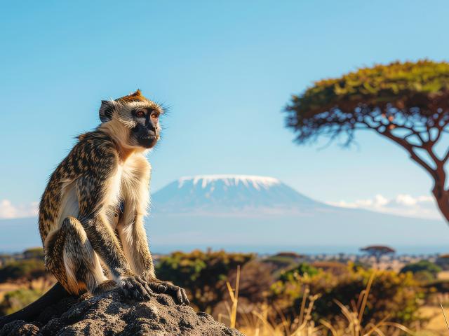 Monkey in front of Mount Kilamanjaro