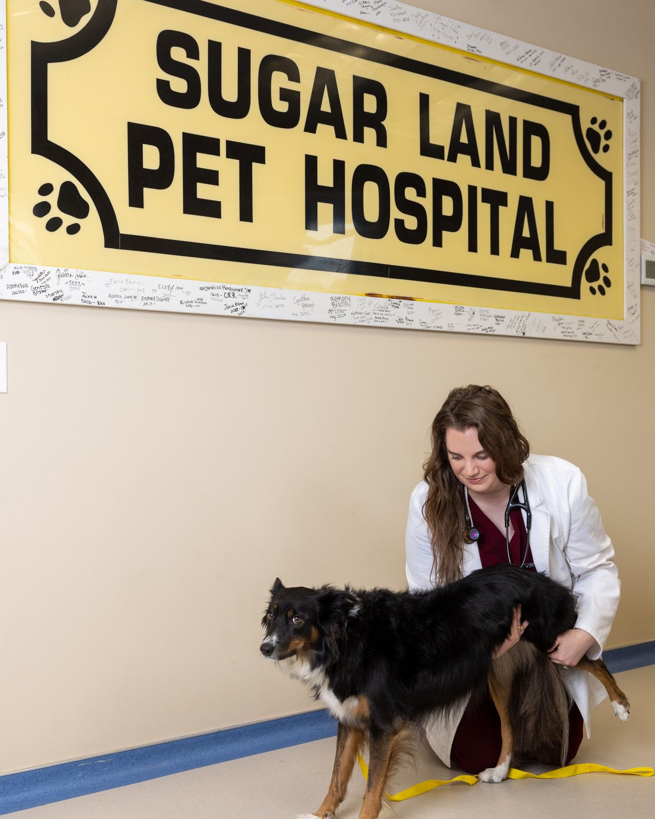 A veterinarian kneeling beside a dog beneath the original Sugar Land Pet Hospital sign