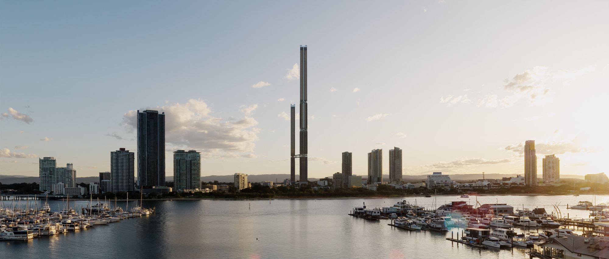One Park Lane towers at dusk across the water