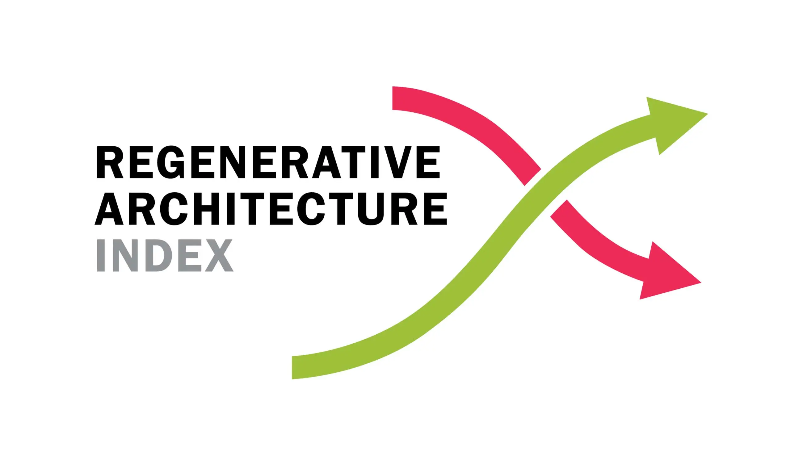 REGENERATIVE ARCHITECTURE INDEX logo with intertwining green and red arrows.