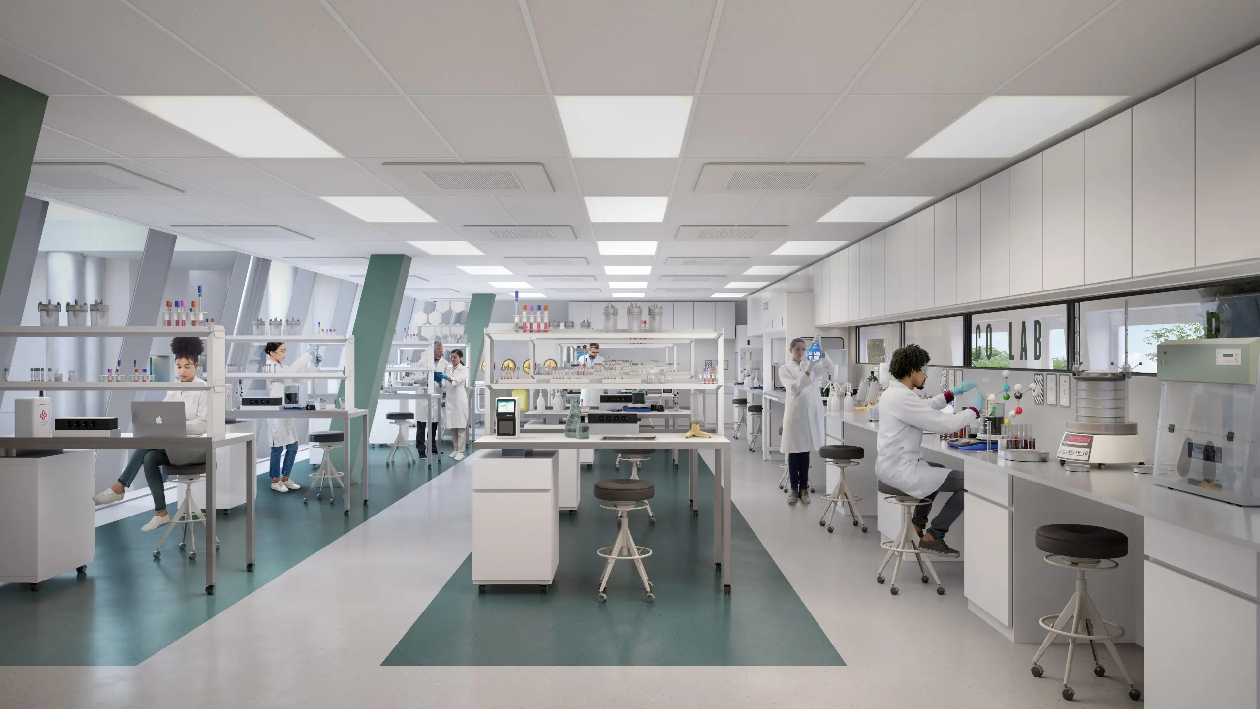 Bright, modern laboratory with multiple scientists in lab coats working at benches with equipment.