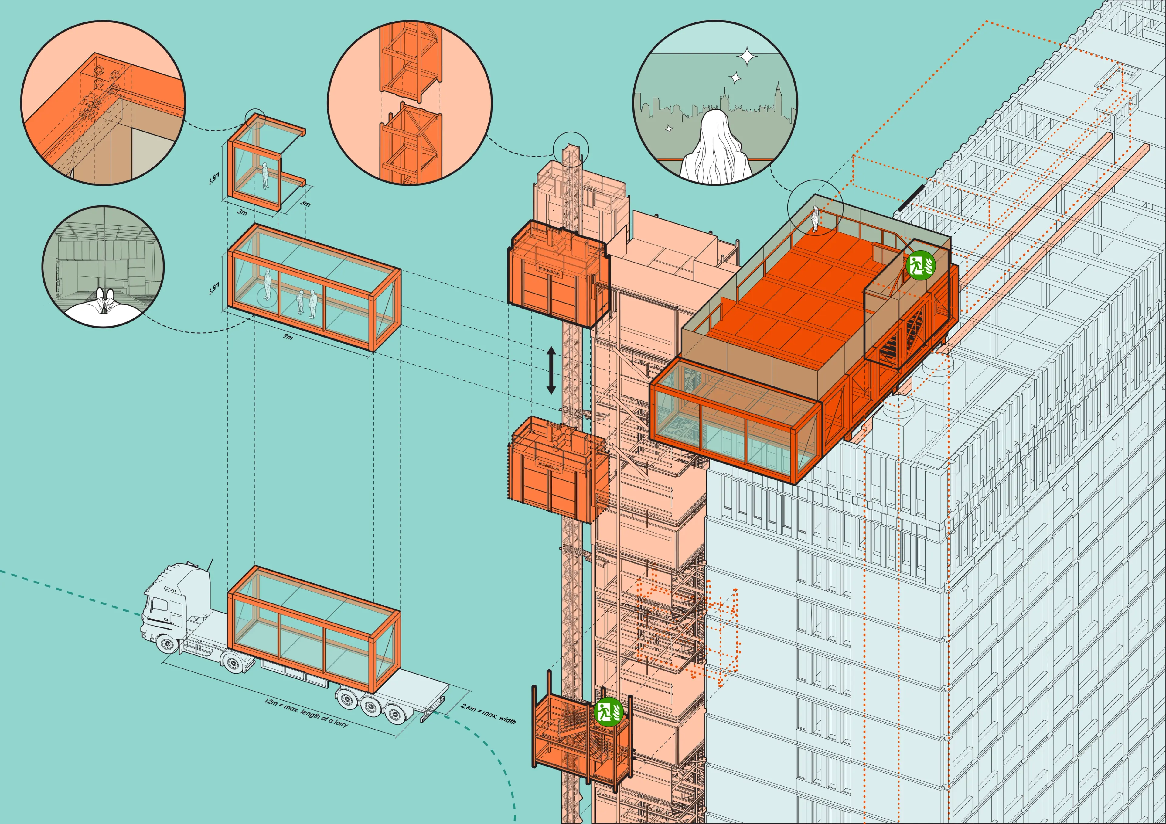 Isometric architectural diagram illustrating modular skyscraper construction, with units delivered by truck, lifted by hoists, and assembled into the building, including a rooftop sky garden module.