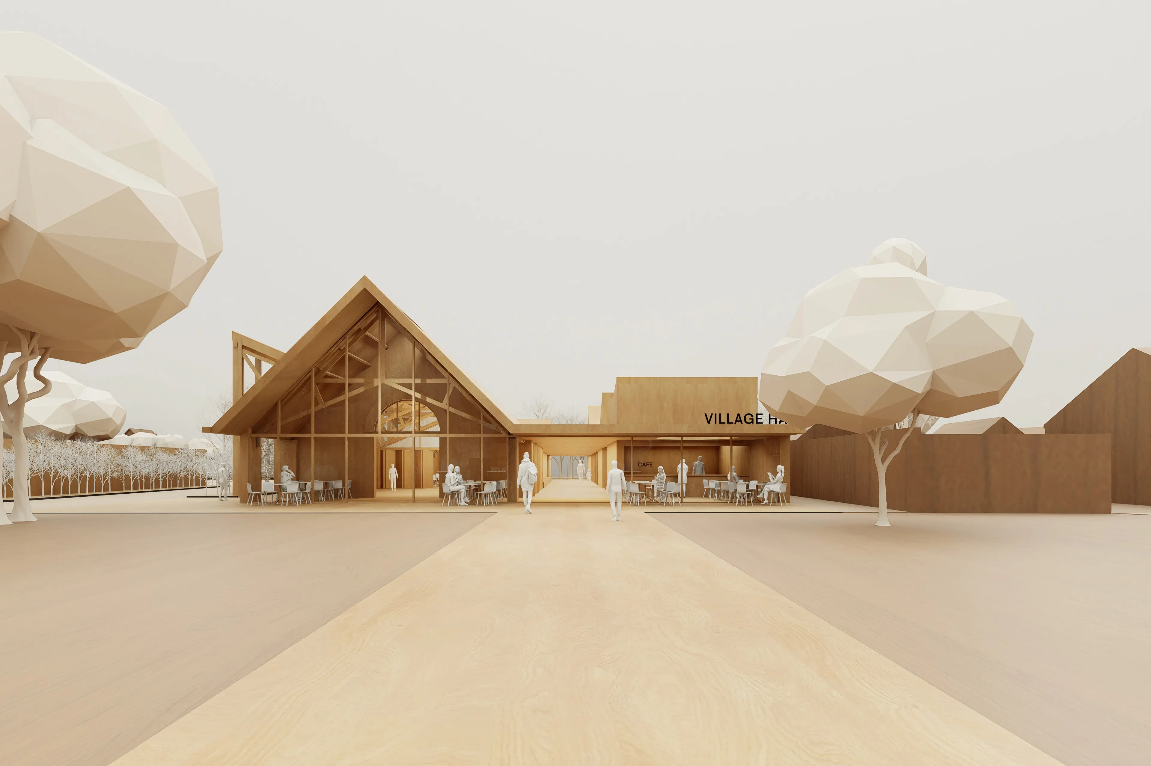 Architectural rendering of a modern wooden Village Hall with a gabled glass facade.