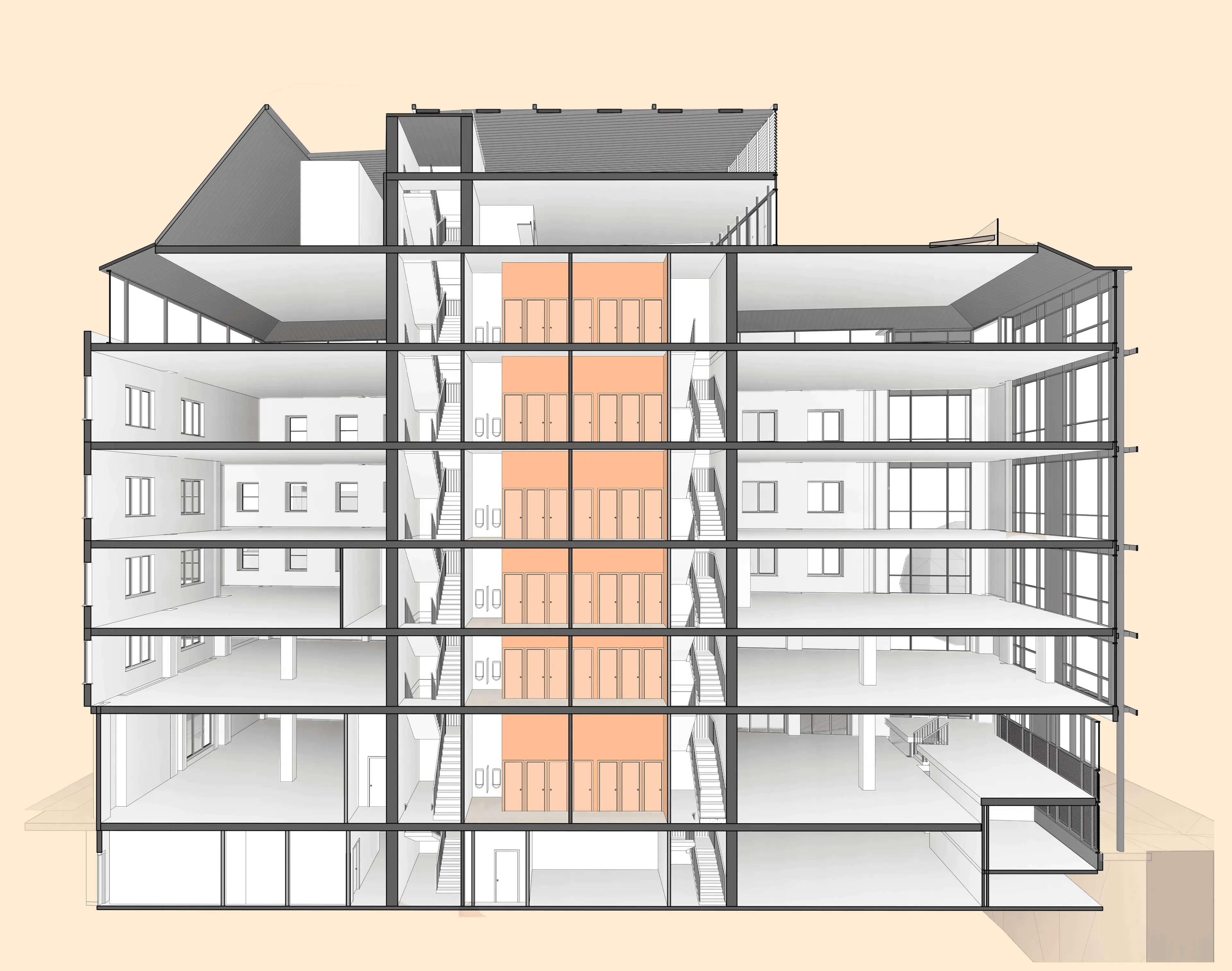 3D architectural cross-section of a multi-story building, showing multiple floors, staircases, and a central orange core with doors on each level.