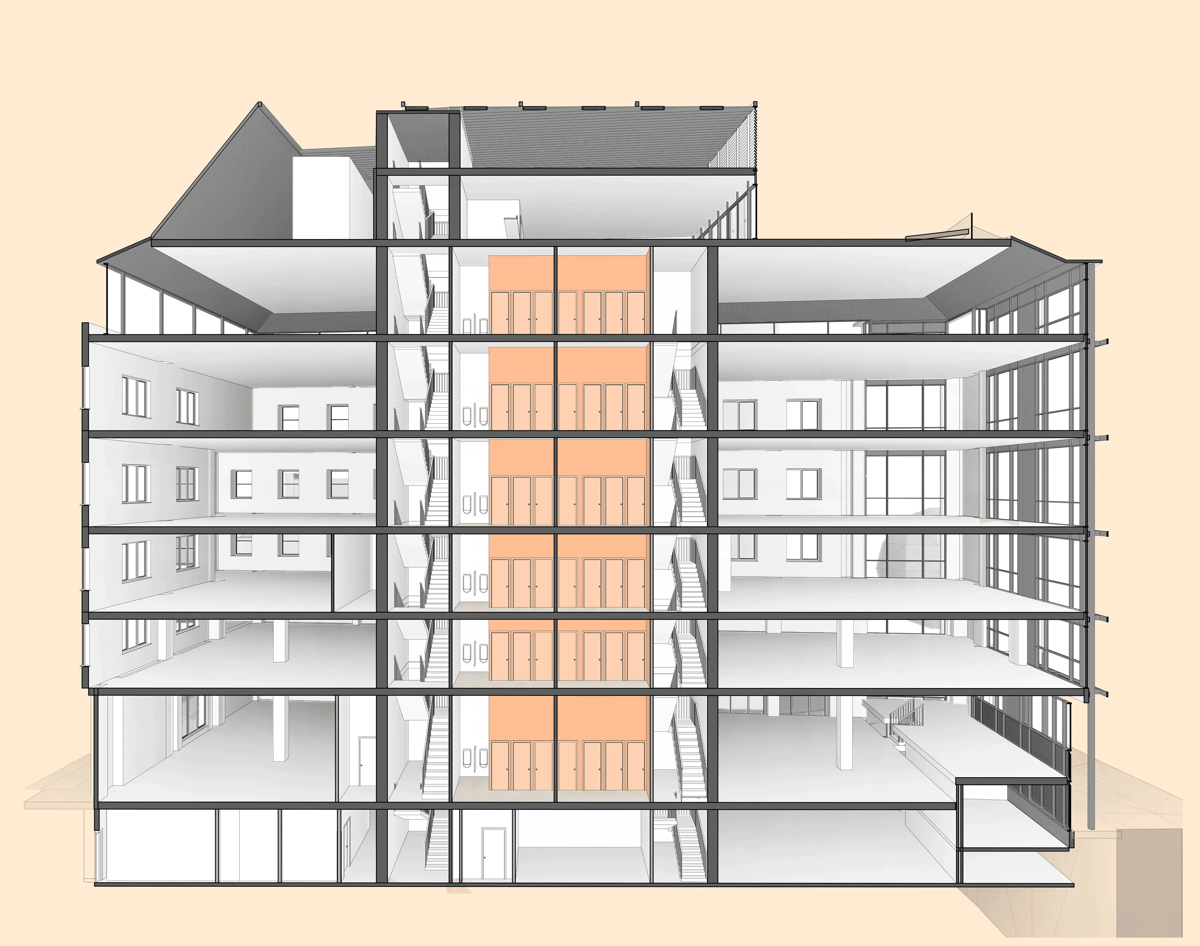3D architectural cross-section of a multi-story building, showing multiple floors, staircases, and a central orange core with doors on each level.