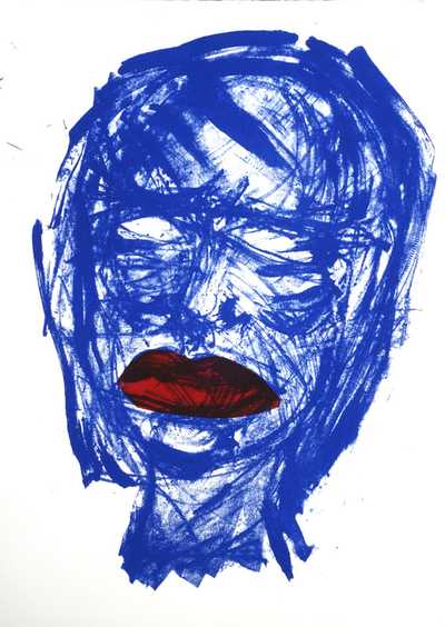 The outline of a woman's face with a blue stain, red lips
