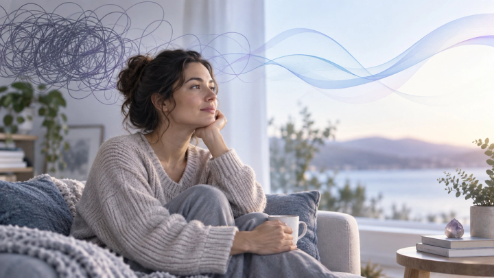 Woman sitting thoughtfully on a couch as tangled lines transition into calm flowing waves, symbolizing moving from overthinking toward clarity.