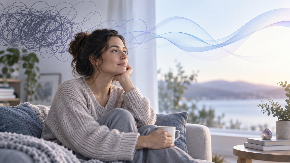 Woman sitting thoughtfully on a couch as tangled lines transition into calm flowing waves, symbolizing moving from overthinking toward clarity.
