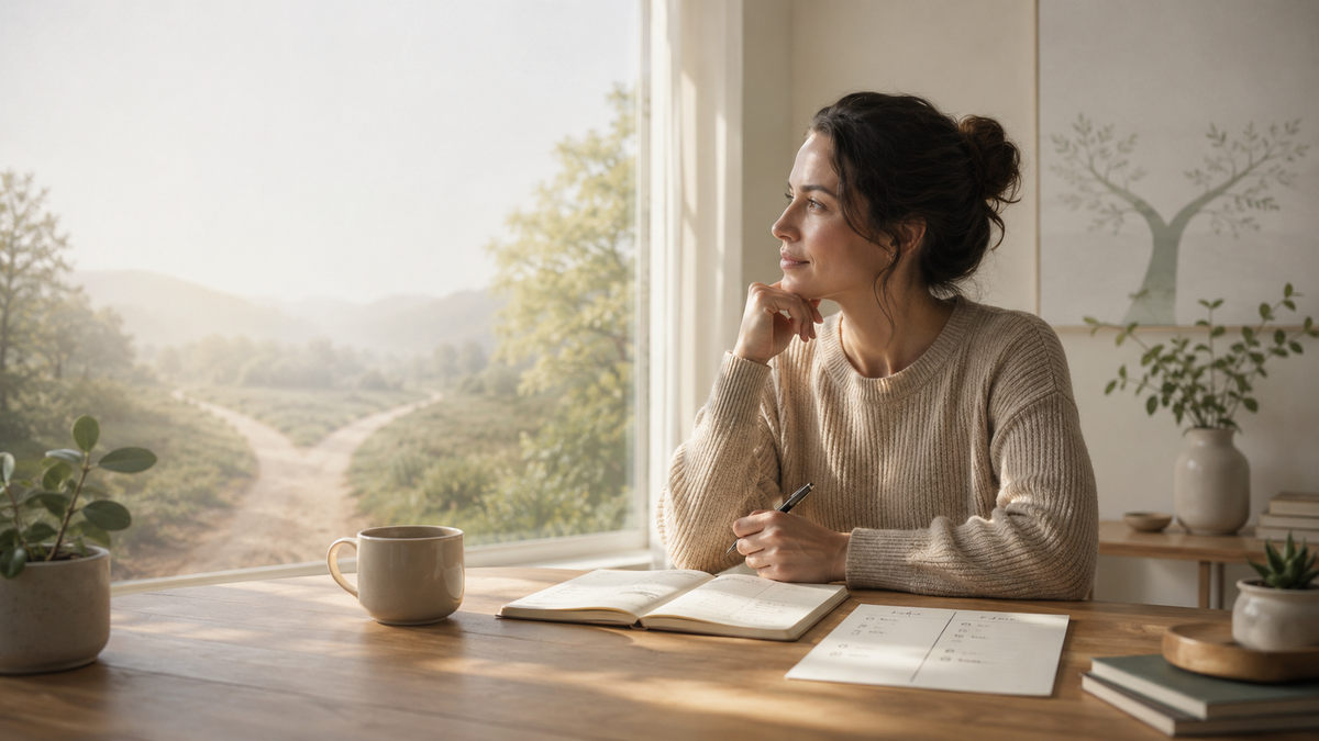 Woman sitting at a table with an open notebook, thoughtfully looking toward a sunlit path that divides in two outside the window.
