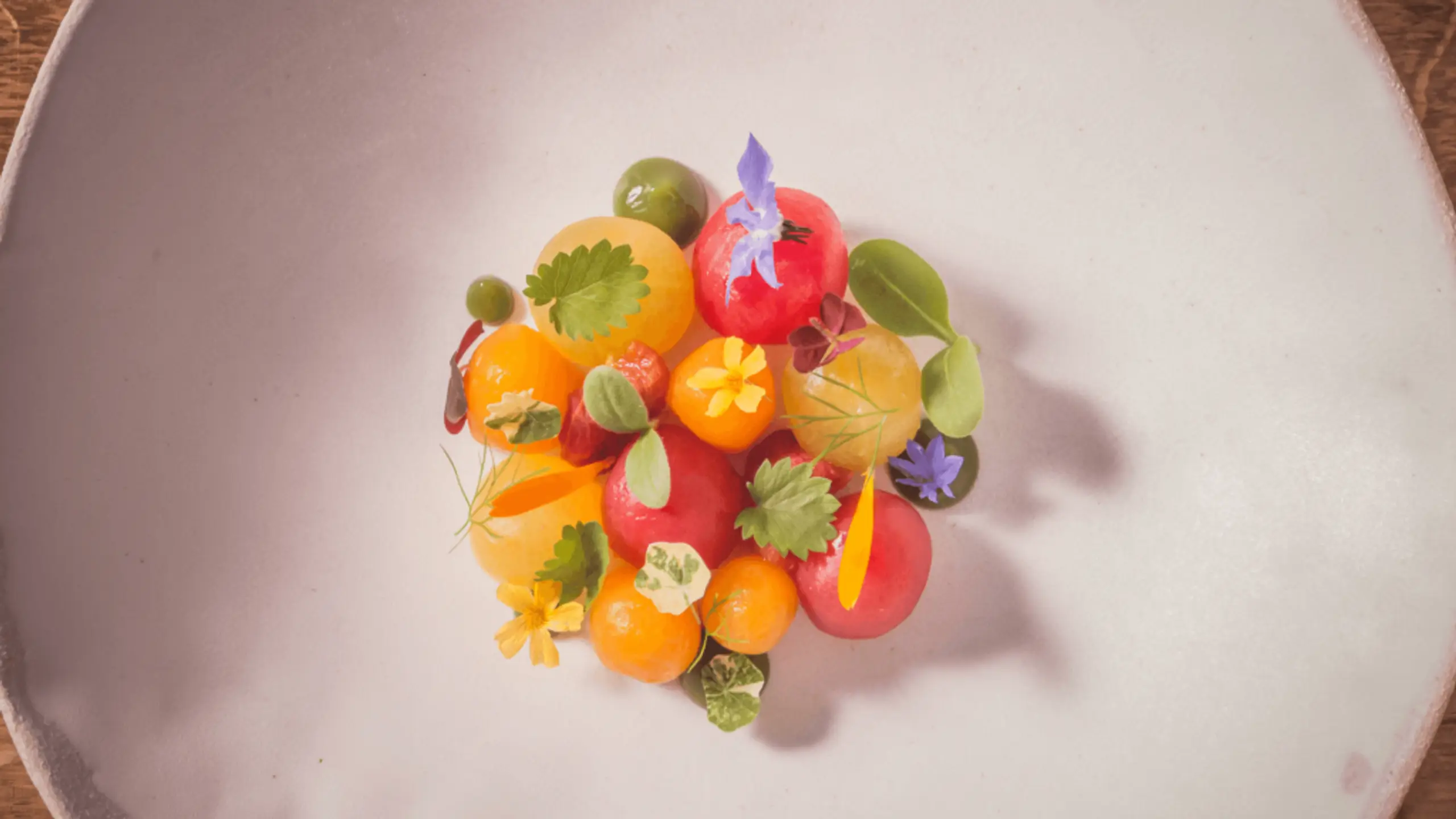 Heritage Tomatoes; Goats Curd; Green Tomato Sauce & Garden Herbs