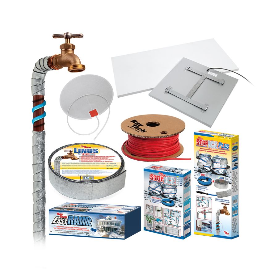 A collage of images of RayTech Heating Cable Products, such as Stop Ice (for preventing ice from building up on metal piping) and Easy Ramp (for melting fallen snow and ice around footpaths at home).