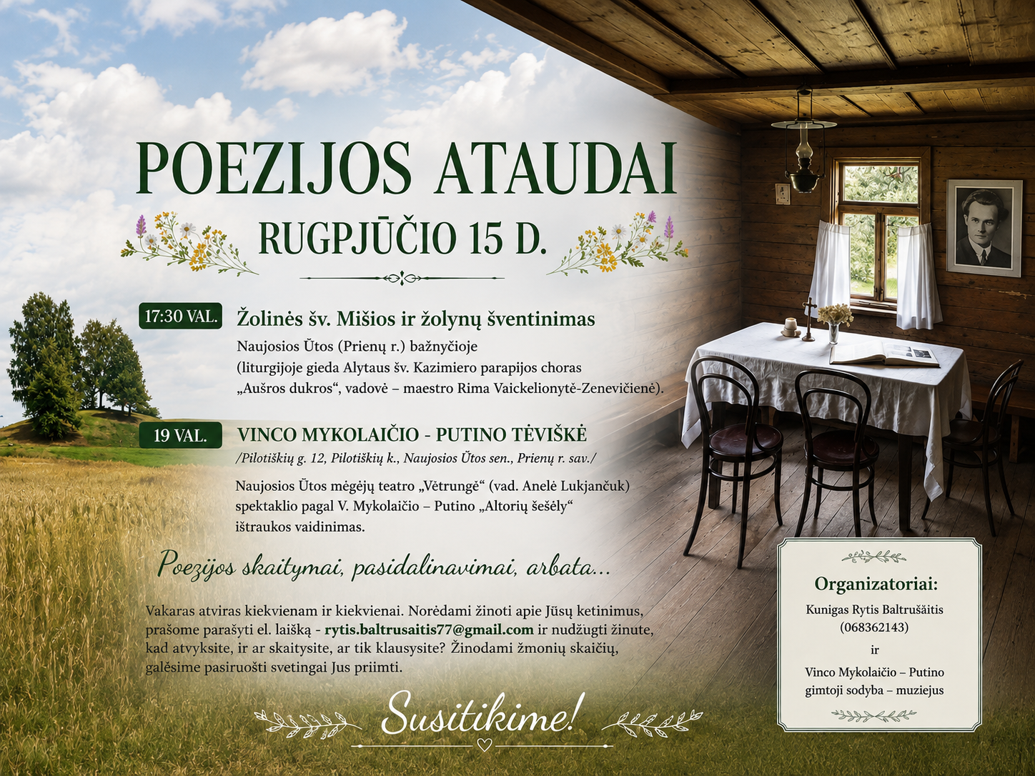 Poezijos ir bendrystės vakaras Naujojoje Ūtoje: Vinco Mykolaičio-Putino tėviškėje skambės eilės, dainos ir arbatos puodelių šiluma