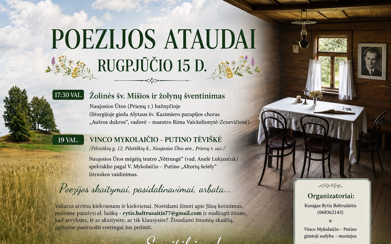 Poezijos ir bendrystės vakaras Naujojoje Ūtoje: Vinco Mykolaičio-Putino tėviškėje skambės eilės, dainos ir arbatos puodelių šiluma