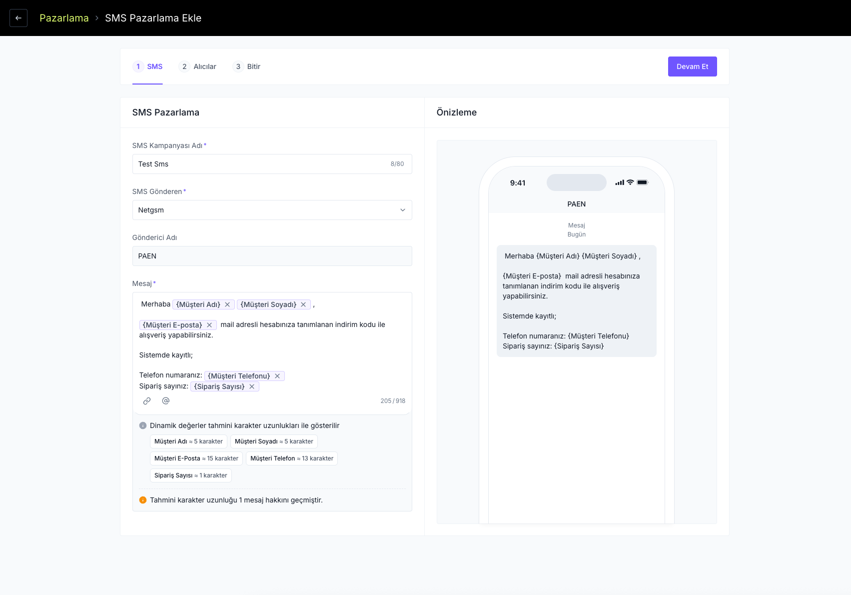 PARS SMS gönderiminde, mesajın kaç boy olduğu eklendi 📏