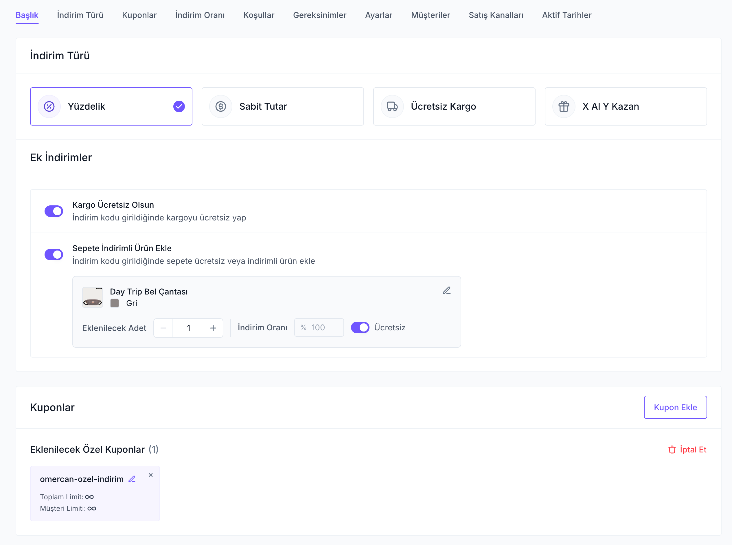 İndirim kodu uygulanınca, sepete otomatik ürün ekleme özelliği eklendi ➕