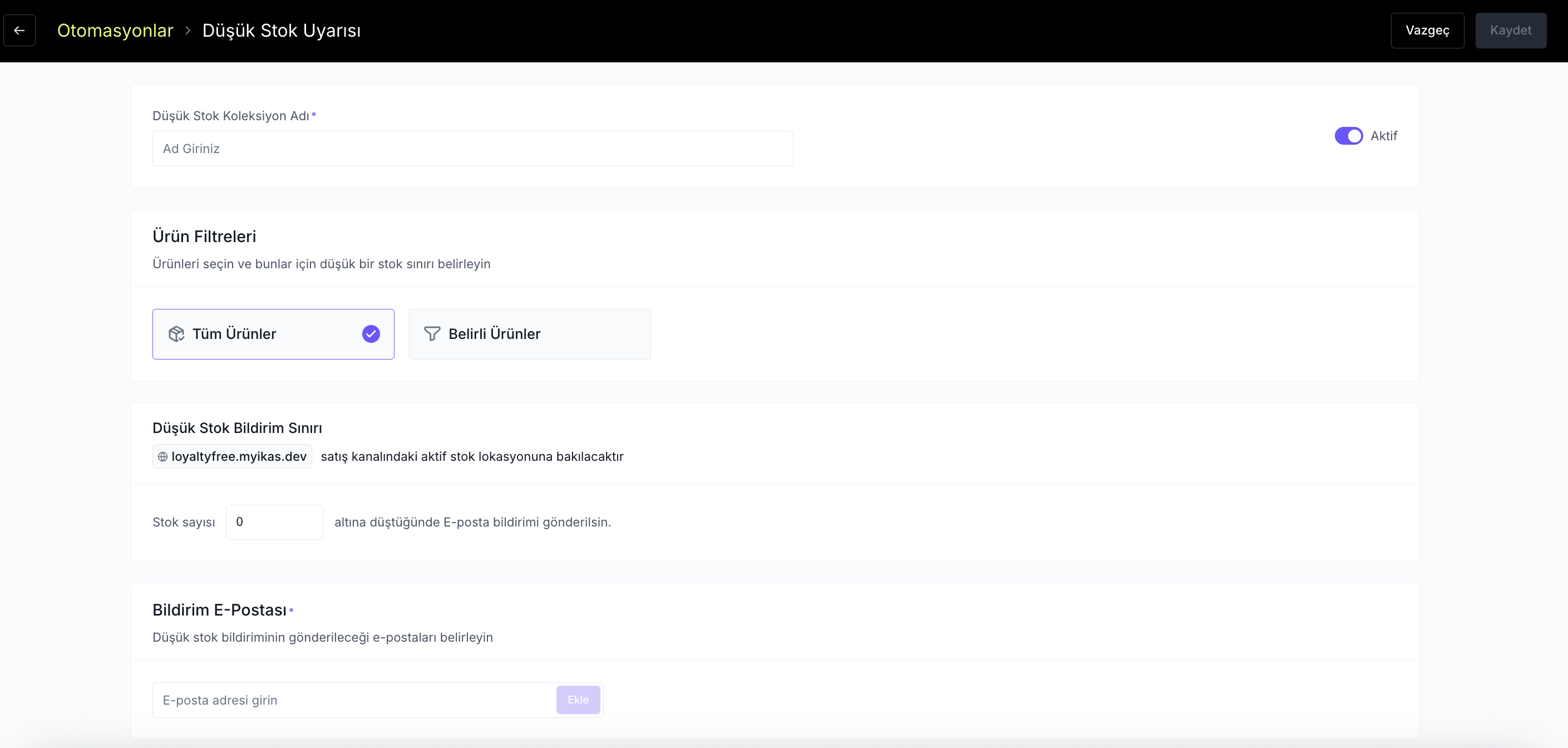 Ürünleriniz için Düşük Stok Uyarısı otomasyonu yayında!