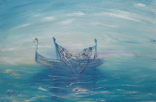 Disciples on a norwegian boat throwing nets | Art Lasovsky