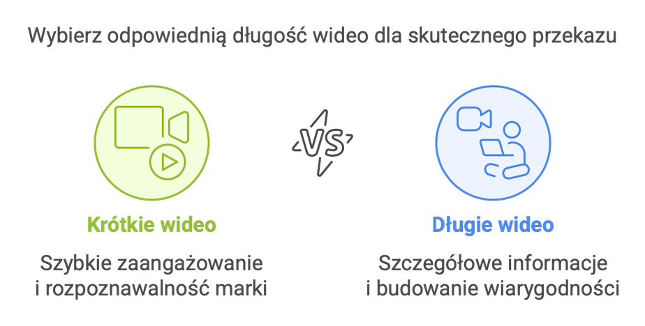Infografika: wybór długości wideo – krótkie wideo (szybkie zaangażowanie i rozpoznawalność marki) kontra długie wideo (szczegółowe informacje i budowanie wiarygodności)