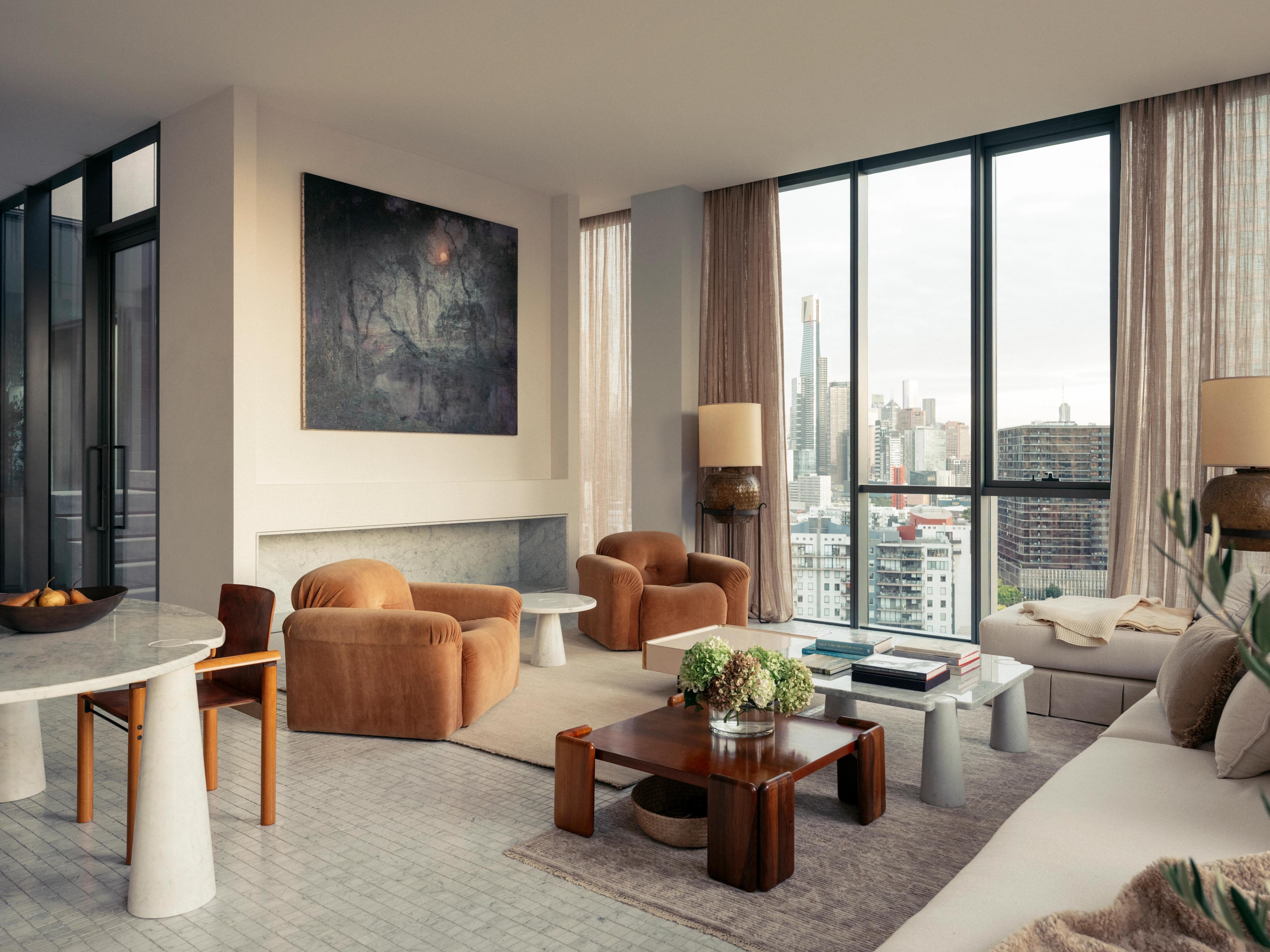 Photograph of the loungroom of Melbourne Penthouse by Studio Kennon