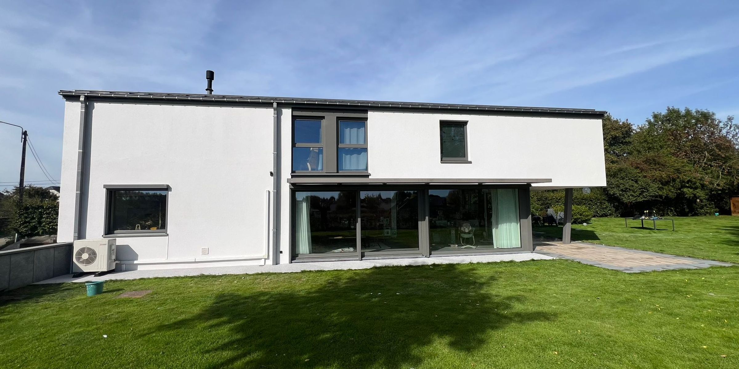 Maison contemporaine à deux étages avec façade blanche, grandes baies vitrées donnant sur le jardin et terrasse couverte, entourée d’une pelouse sous un ciel dégagé.