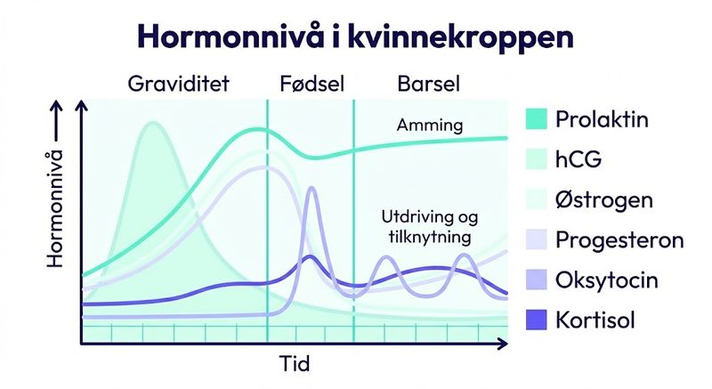 Grafikk som viser hvordan nivåene av prolaktin, hCG, østrogen, progesteron, oksytocin og kortisol endrer seg gjennom graviditet, fødsel og barseltid