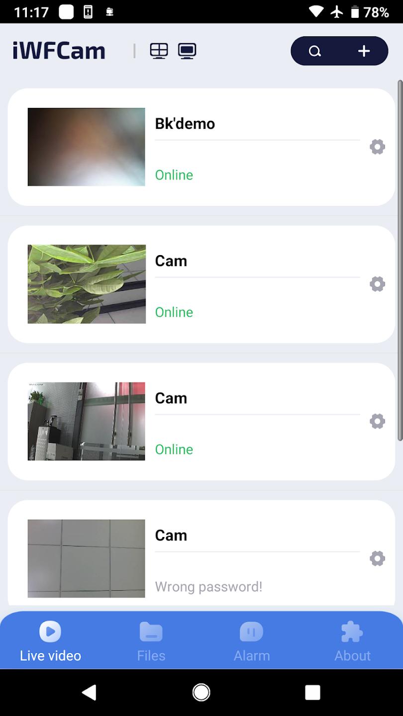 iWFCam app screenshot 2 — WiFi camera live monitoring and setup interface