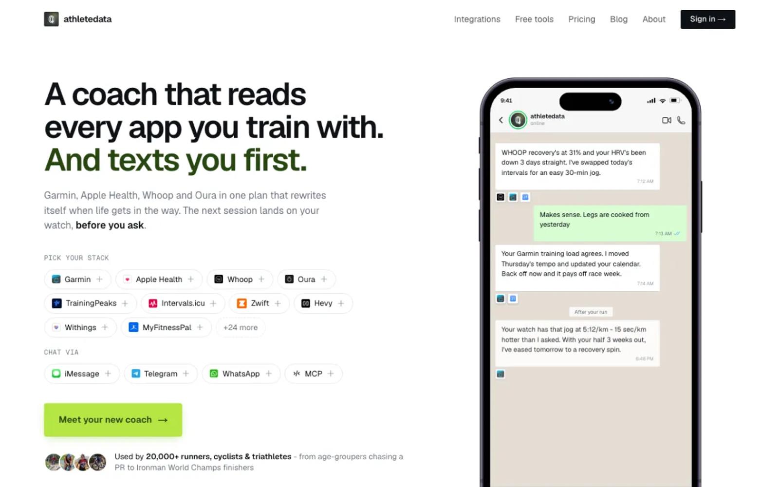 The AthleteData home page, an AI coach that reads your training apps.
